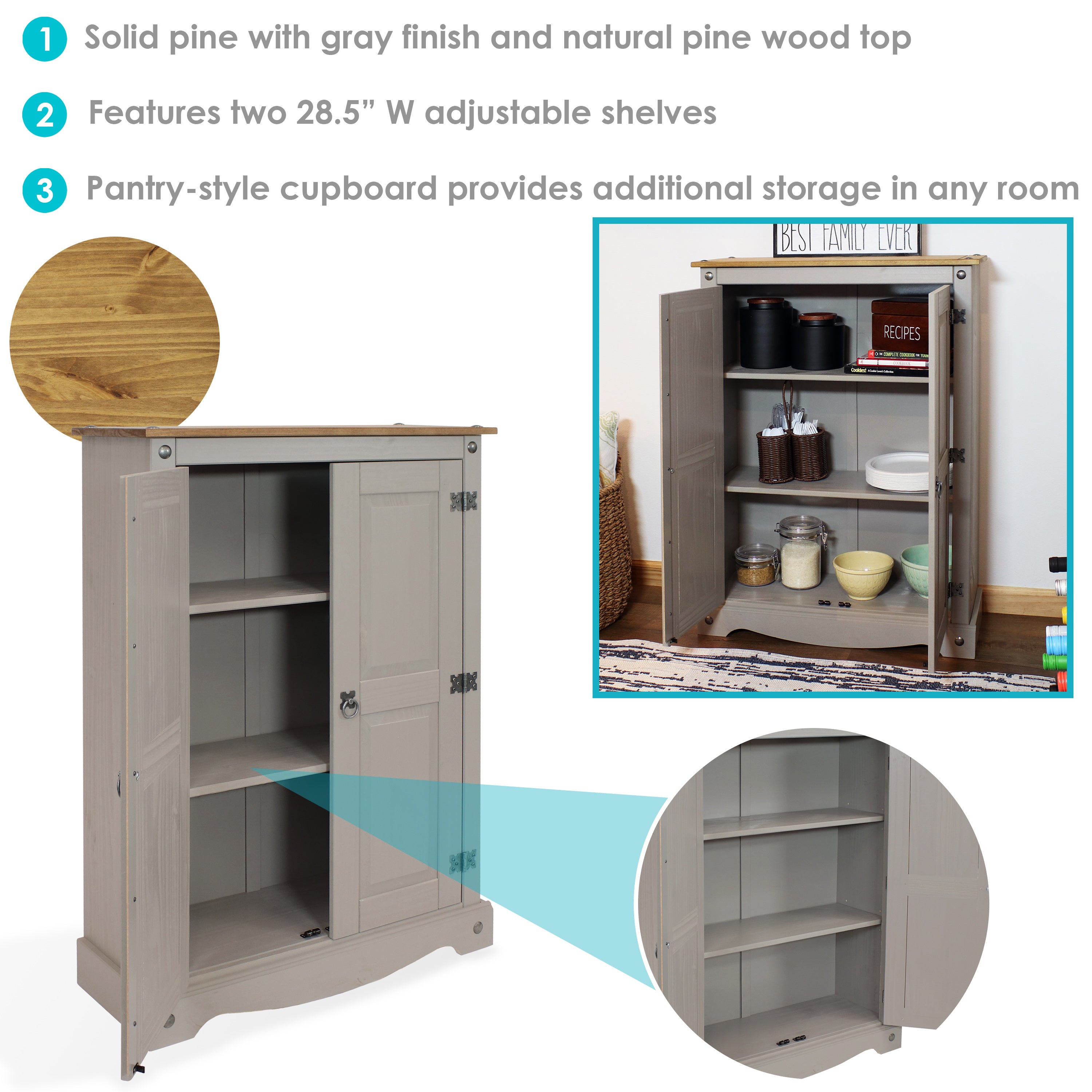 Sunnydaze 2-Door 2-Shelf Solid Pine Storage Cabinet in Gray - 43 Inches Tall | Perfect for Pantry, Kitchen, Bathroom, or Garage Organization