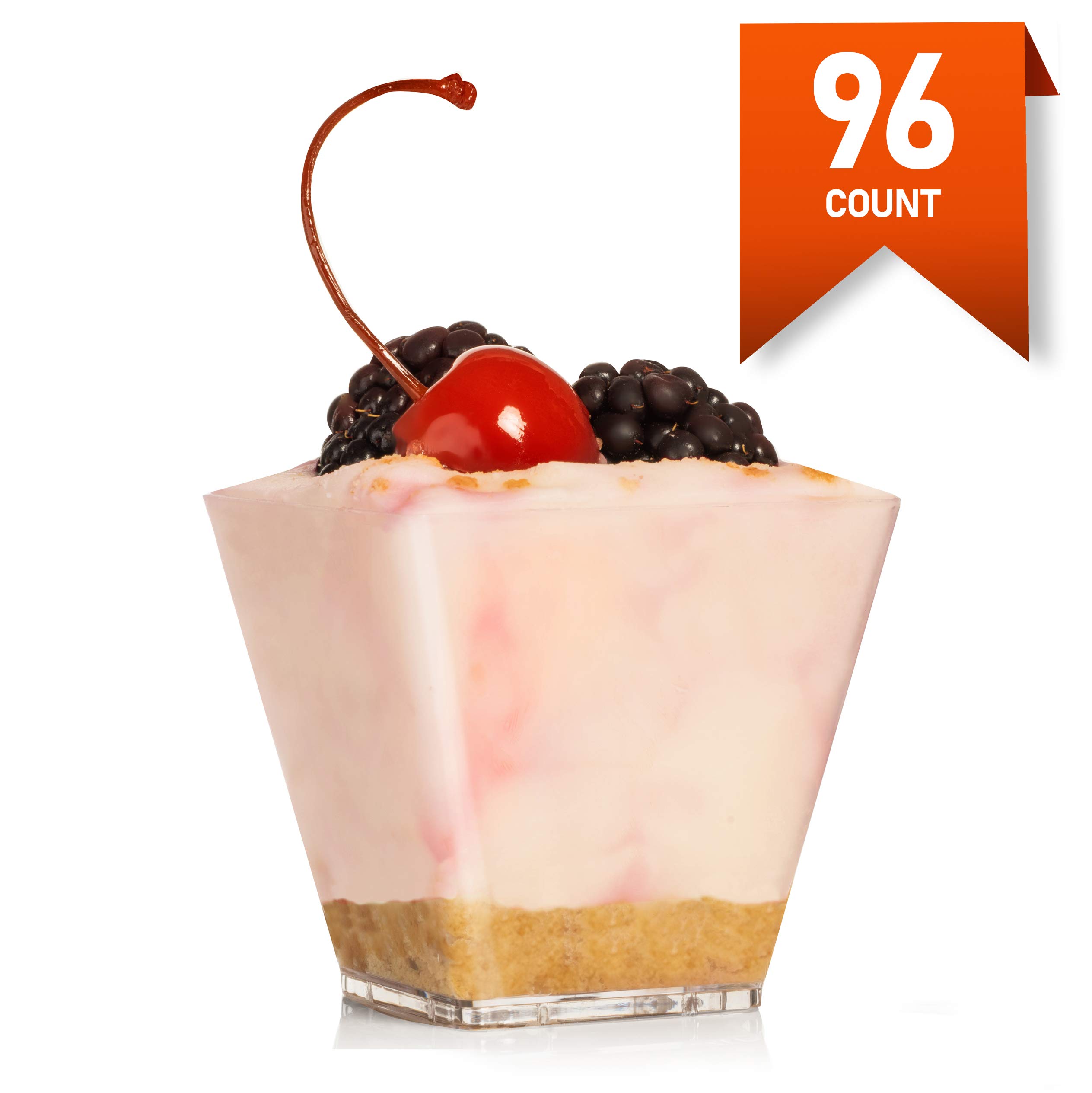 LSR LORESO 96-Pack 3.5 oz Clear Mini Square Plastic Dessert Cups - Reusable Small Appetizer Containers for Mousse, Pudding, Candy, Party Snacks - Perfect for Catering, Weddings, Baby Showers & Home Baking