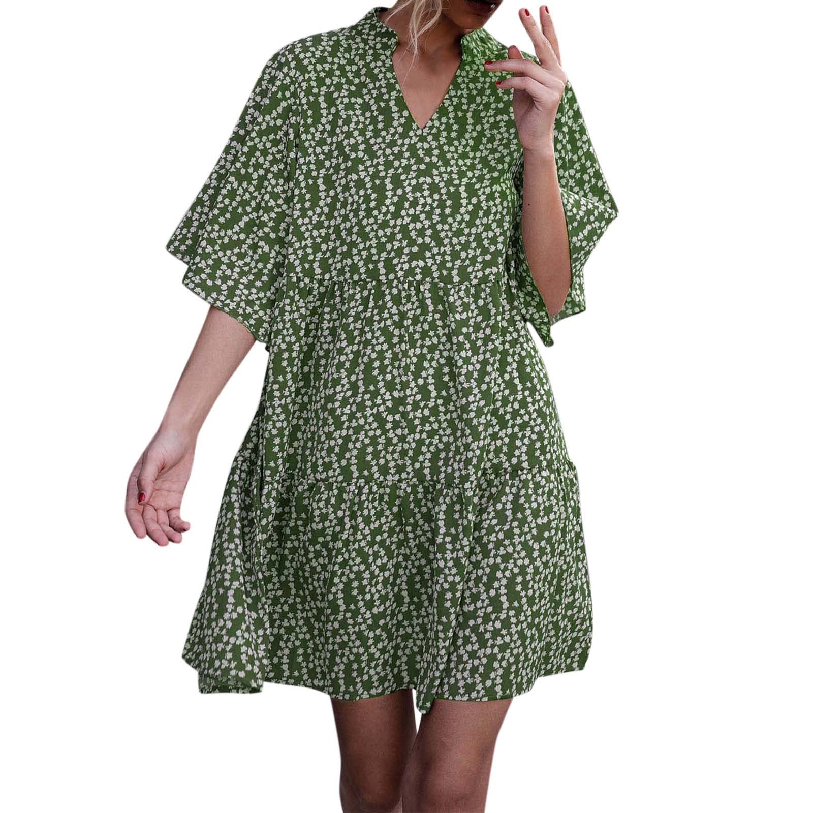 WalGRHFR Women's Spring & Summer Dresses 2023 - Flowy Trumpet Sleeve Mini Dress with V-Neck | Casual Sundress for Beach, Party & Daily Wear