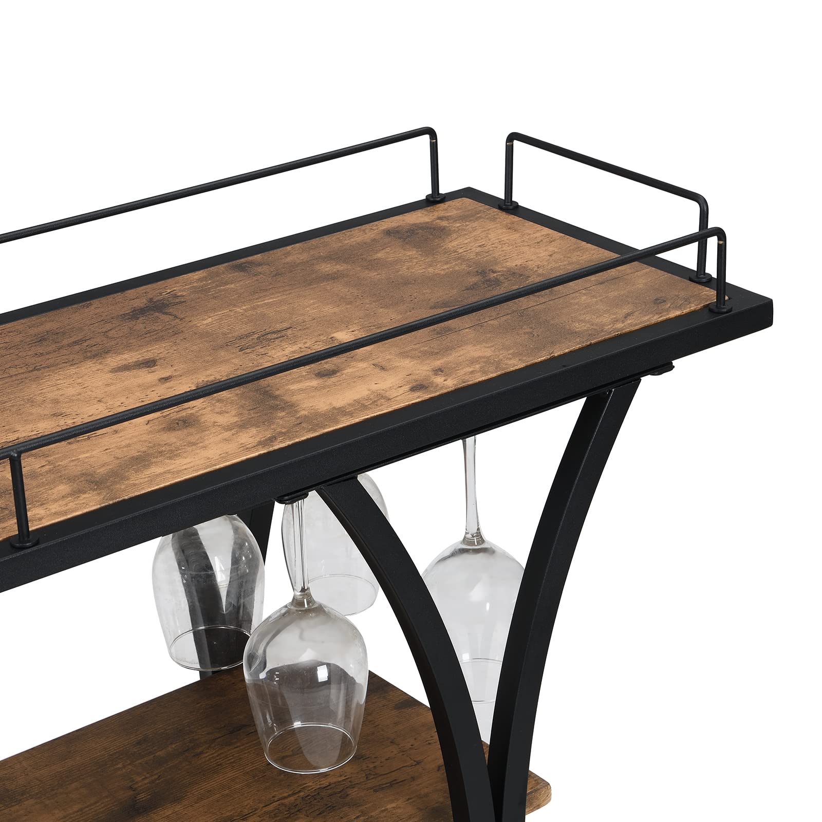 Industrial Bar Cart with Wine Rack & Wheels - Rustic Brown Black Wooden Metal Frame Mobile Serving Cart for Home, Holds 11 Bottles & 16 Glasses (44.09
