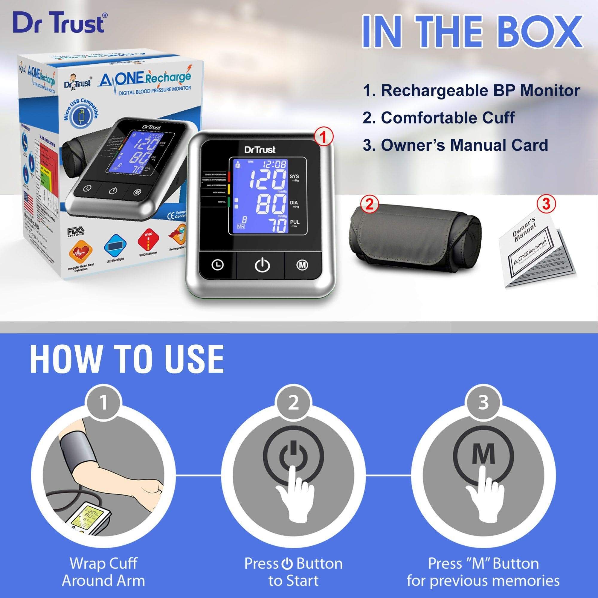 Dr Trust USA Rechargeable Digital Blood Pressure Monitor - Accurate Upper Arm Cuff for Home Use, Heart Health Tracking & Fitness Monitoring