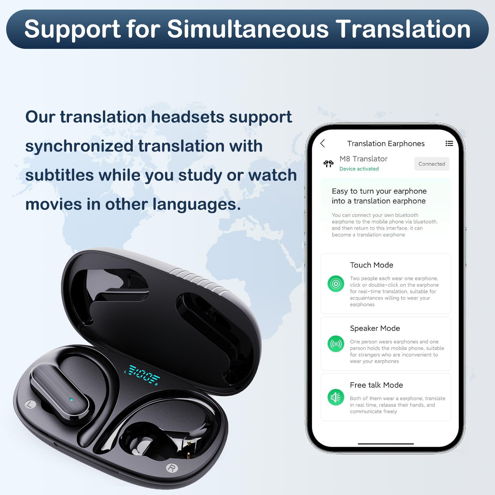 Real-Time Language Translator Earbuds - Bluetooth 144 Languages Translation Device with Mobile App | Perfect for Travel, Business Meetings & International Communication (Black)