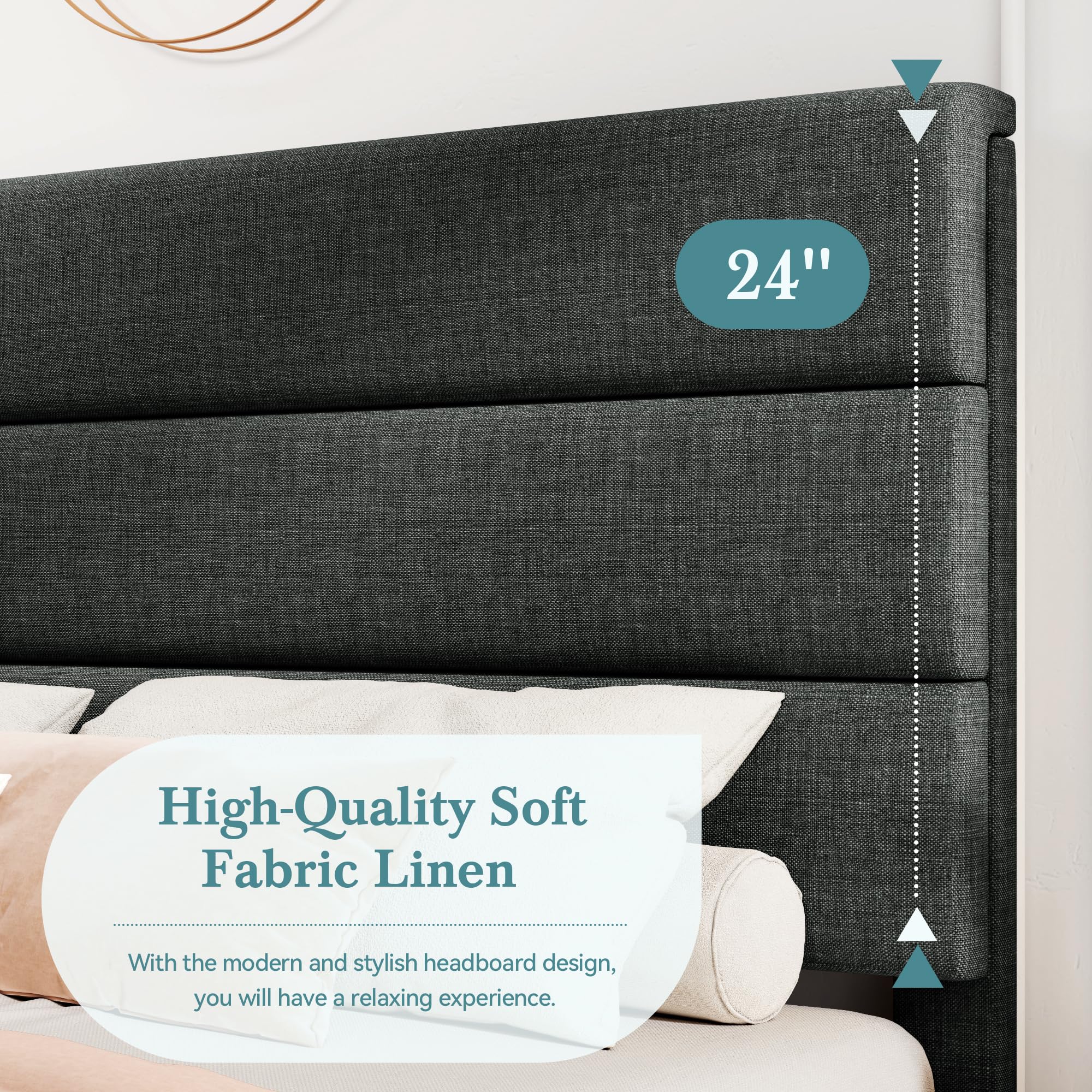 HOOMIC Full Size Bed Frame with Headboard - Dark Grey Upholstered Platform Bed with Wood Slat Support | No Box Spring Needed | Sturdy Mattress Foundation for Master Bedroom, Guest Room & Dorm