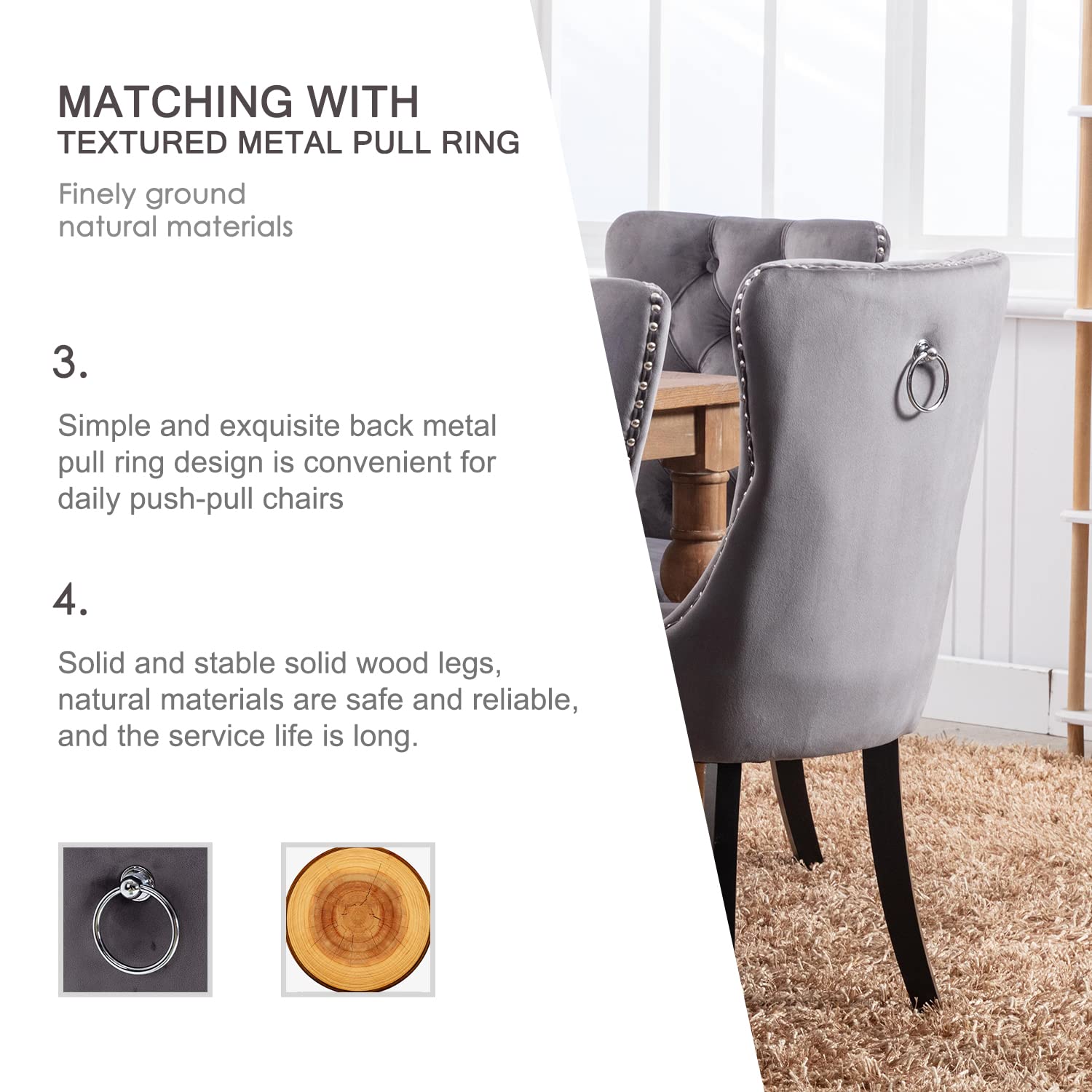Luxury Velvet Dining Chairs Set of 2 - Tufted Button Back Upholstered Chairs with Nailhead Trim for Kitchen, Bedroom, Restaurant - Elegant Grey Accent Seating for Modern Home Decor & Fine Dining Experience