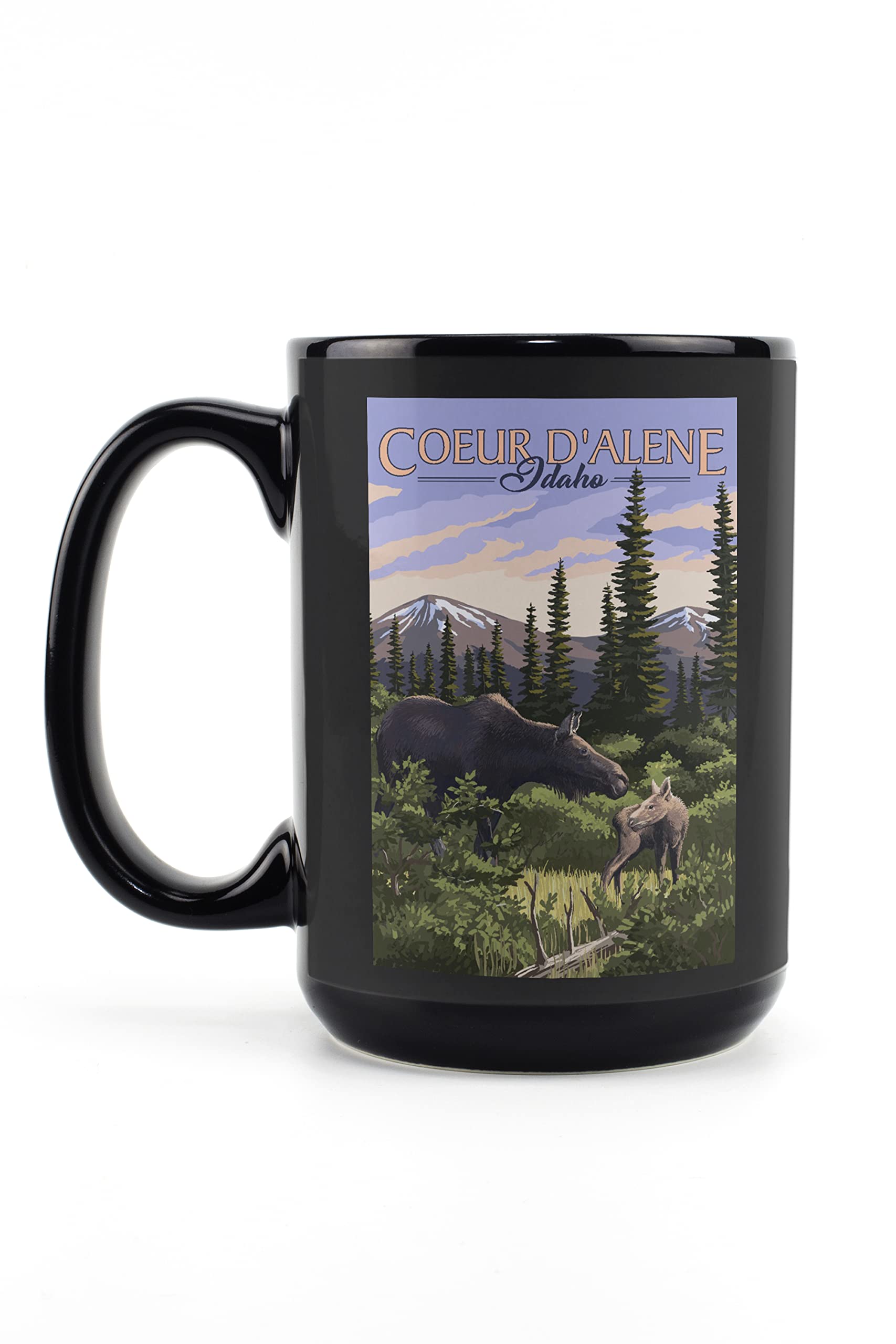 Lantern Press Coeur d'Alene Idaho Moose and Baby Calf 15oz Black Ceramic Coffee Mug - Microwave & Dishwasher Safe - Perfect for Home, Office, Camping & Gift Giving