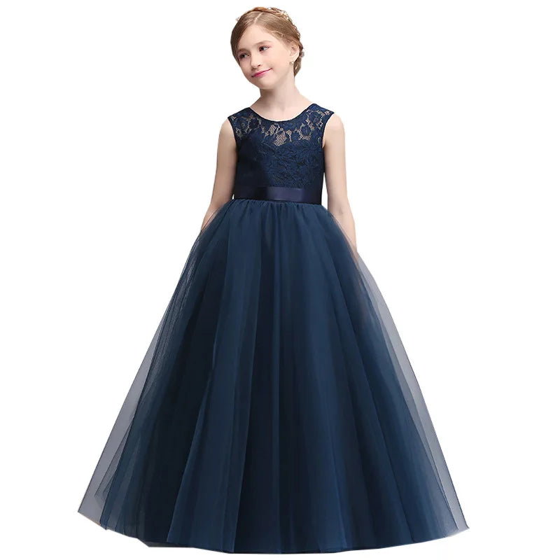 Navy Blue Lace Tulle Flower Girl Dress - Sleeveless Princess Gown for Kids | Perfect for Weddings, Baptisms & Special Occasions