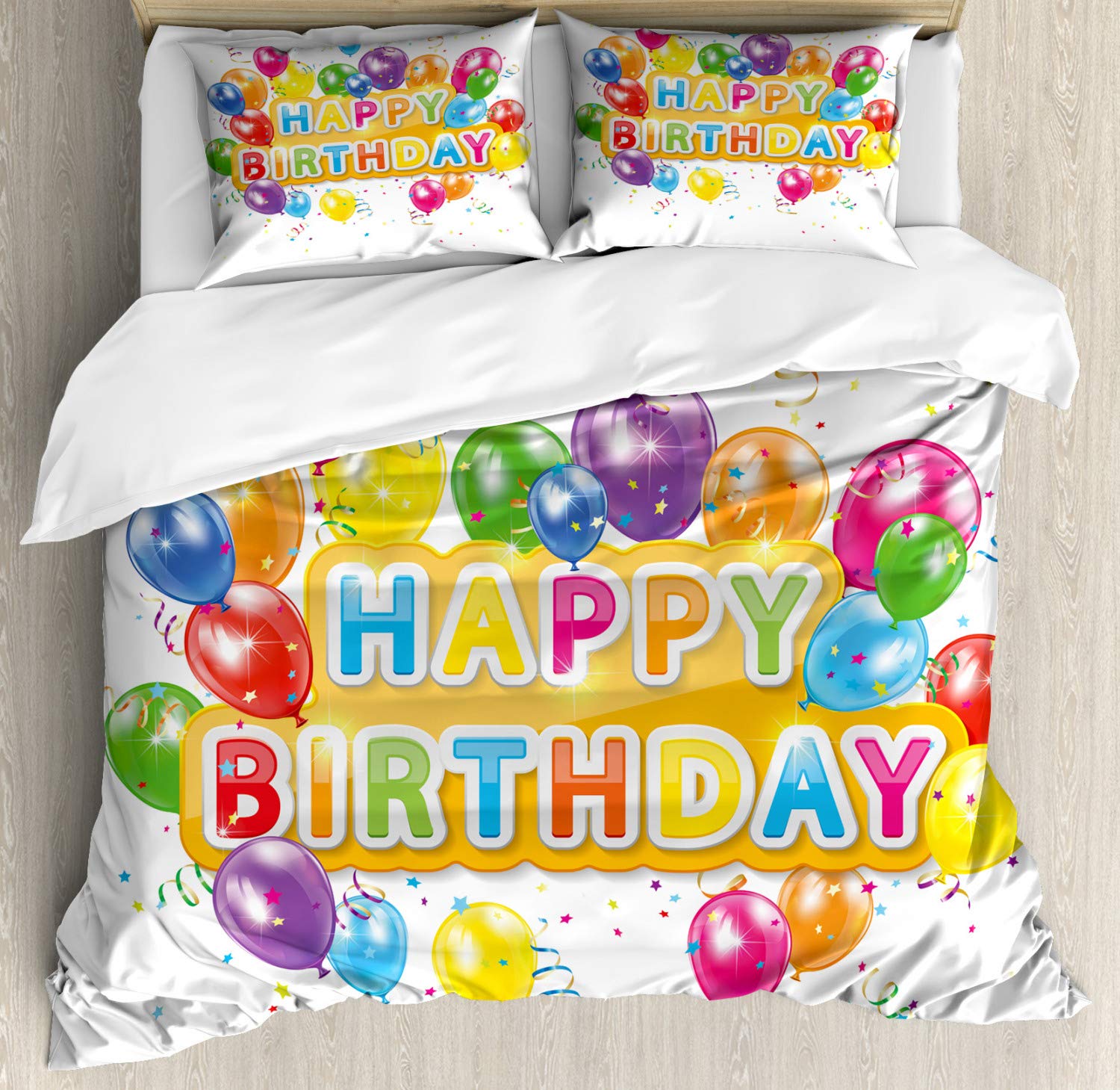 Ambesonne Happy Celebration Birthday Duvet Cover Set - 3 Piece California King Bedding with 2 Pillow Shams, Vivid Balloon Print, Multicolor | Perfect for Birthday Parties, Guest Rooms & Festive Home Decor