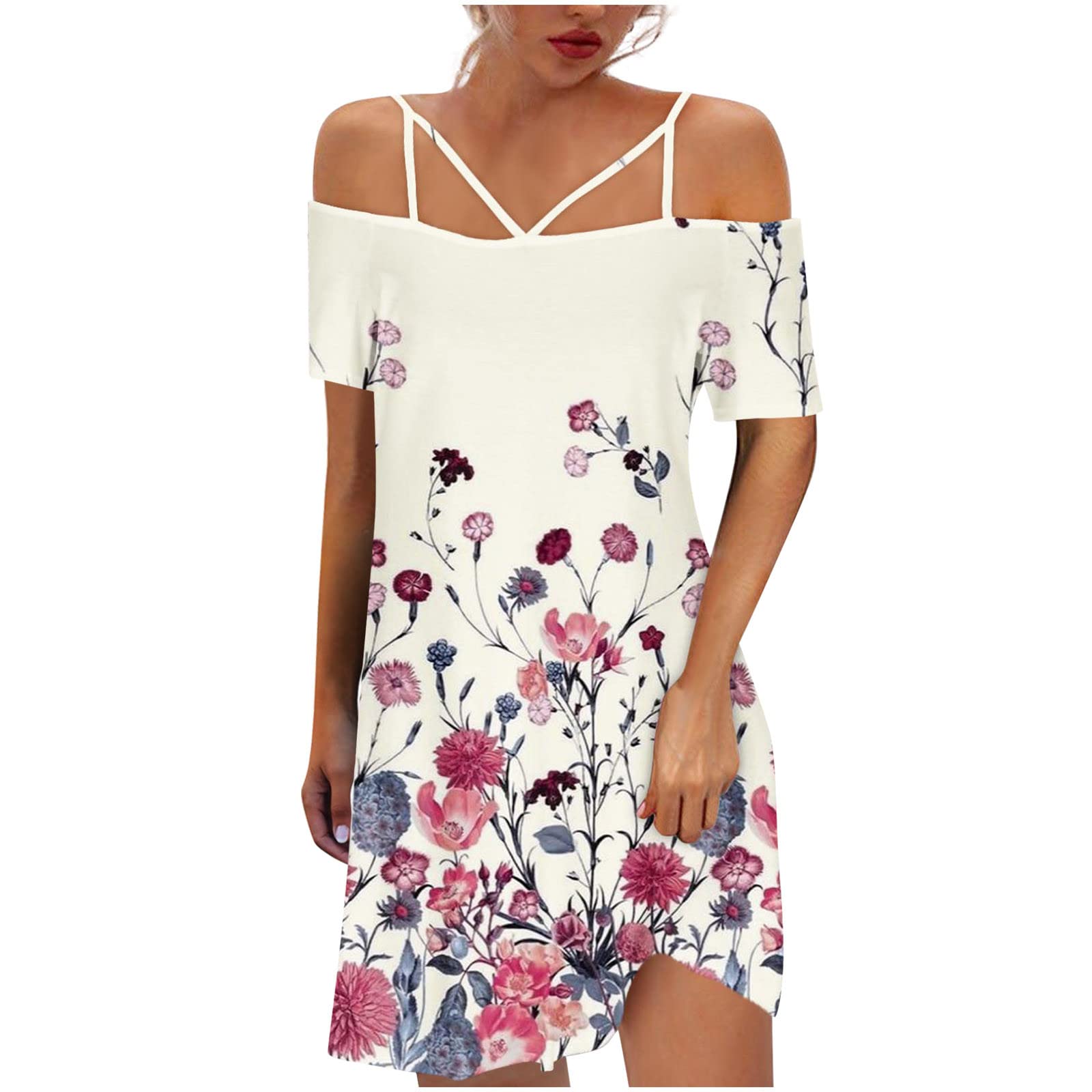 Women's Floral Printed Cold Shoulder Short Sleeve T-Shirt Dress - Boho Mini Dress for Summer, Beach & Casual Wear - Loose Fit Short Dress for Vacation, Party & Outdoor Activities