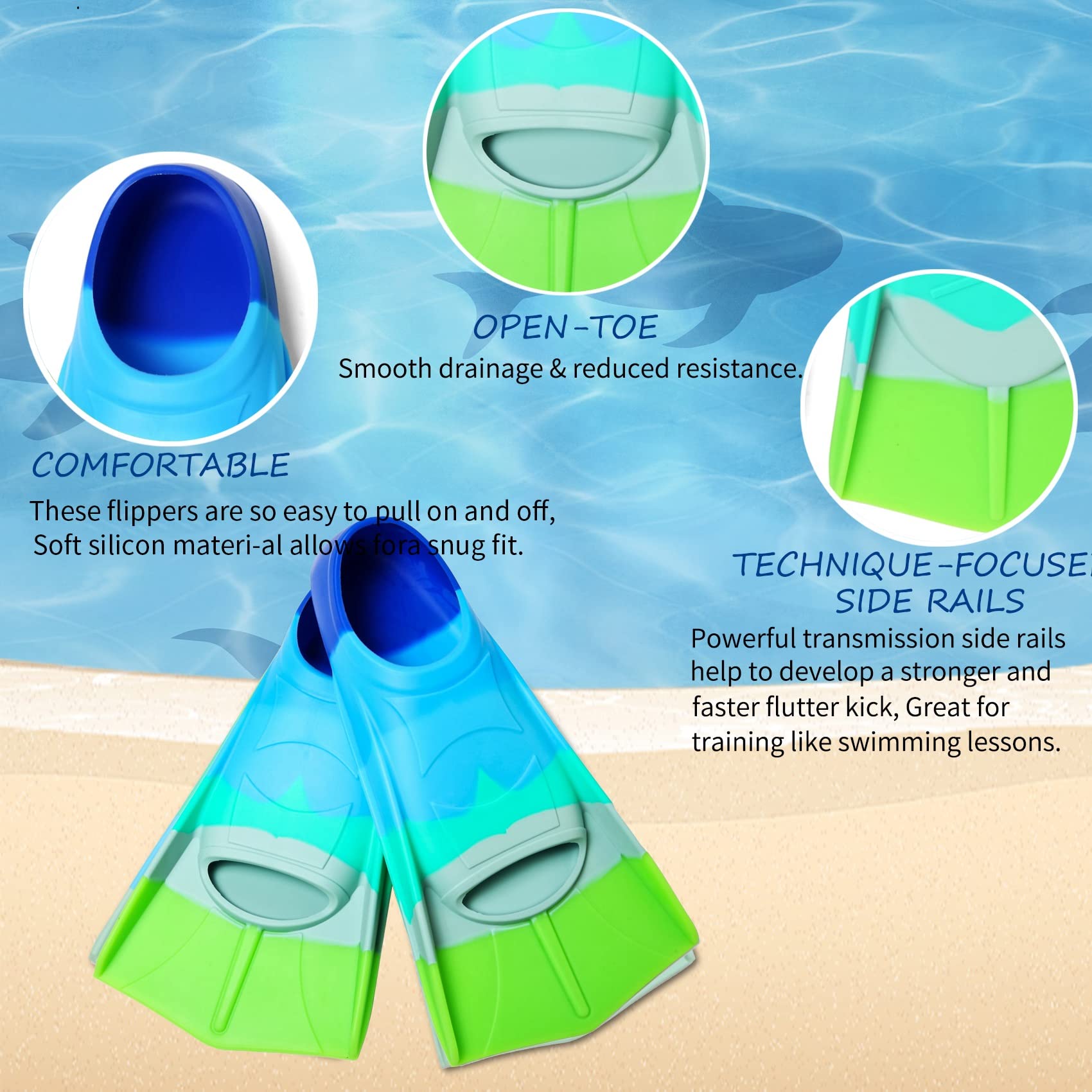**Kids Swim Fins - Short Blade Non-Slip Heel Pool Training Flippers for Youth | Lightweight Design for Swimming Lessons & Beach Fun**