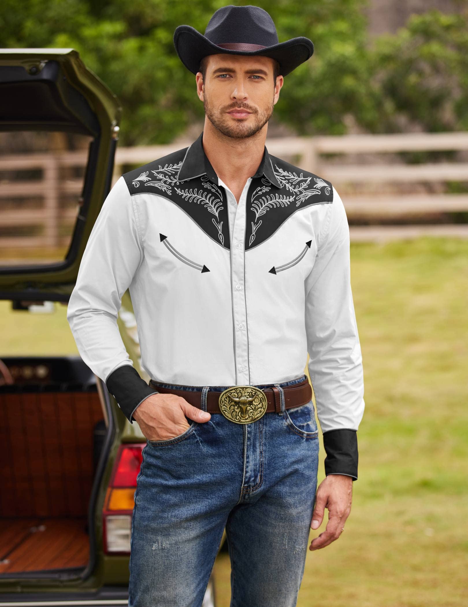 COOFANDY Men's Western Cowboy Shirt - Embroidered Button Down Long Sleeve Shirt for Men | Vintage Style Casual & Party Wear | Perfect for Rodeo, Country Music Festivals and Western Themed Events