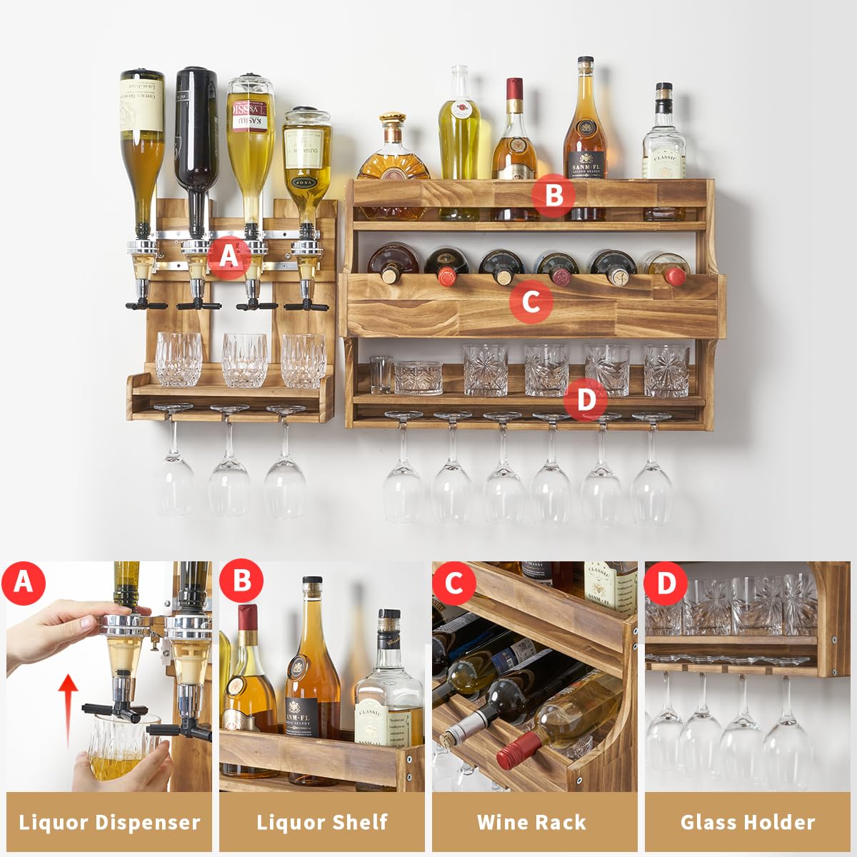 Rustic Wood Wall Mounted Wine Rack with Glass Holder - 4 Bottle Whiskey Liquor Dispenser & Display Shelf for Home Bar, Kitchen, Dining Room | Perfect for Wine, Liquor, and Spirits Storage & Organization