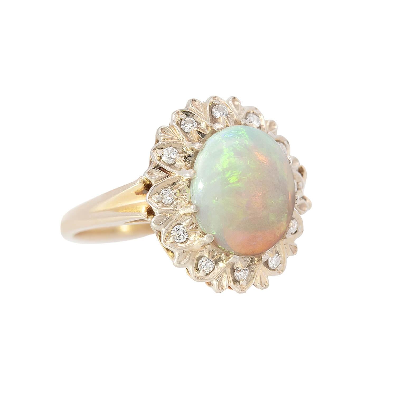 Vintage 14K Gold Opal and Diamond Halo Ring - Elegant Engagement, Wedding, Anniversary Jewelry Gift for Women