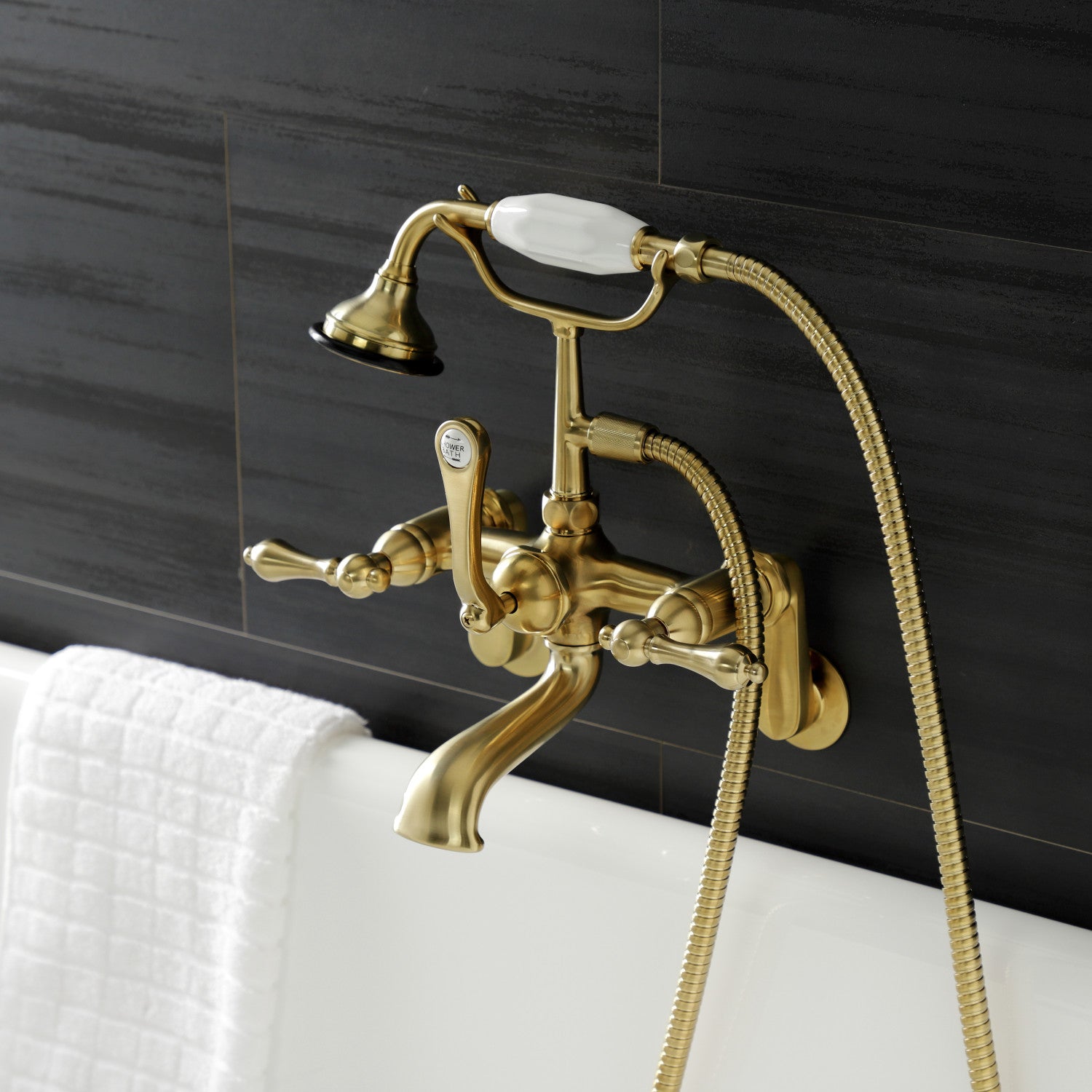Vintage AE51T7 3-Handle Wall Mount Clawfoot Bathtub Faucet with Hand Shower in Brushed Brass - Perfect for Classic Bathroom Renovations and Luxury Spa Retreats
