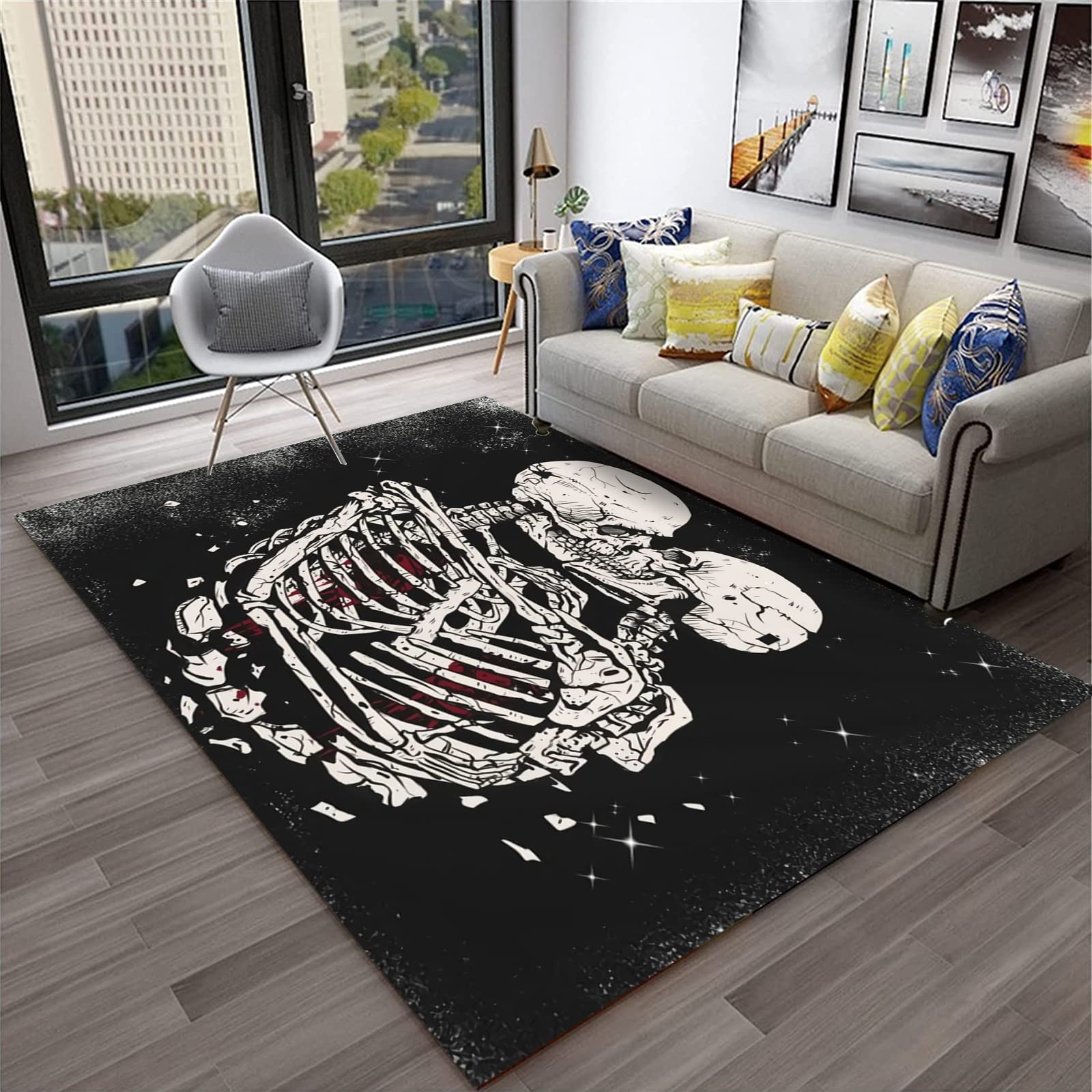LGGQQW Psychedelic Skull Area Rug - The Kissing Lovers Design Black Tarot Rug for Bedroom Decor | Gothic Home Accessories, Bohemian Style Floor Mat for Living Room & Dorm