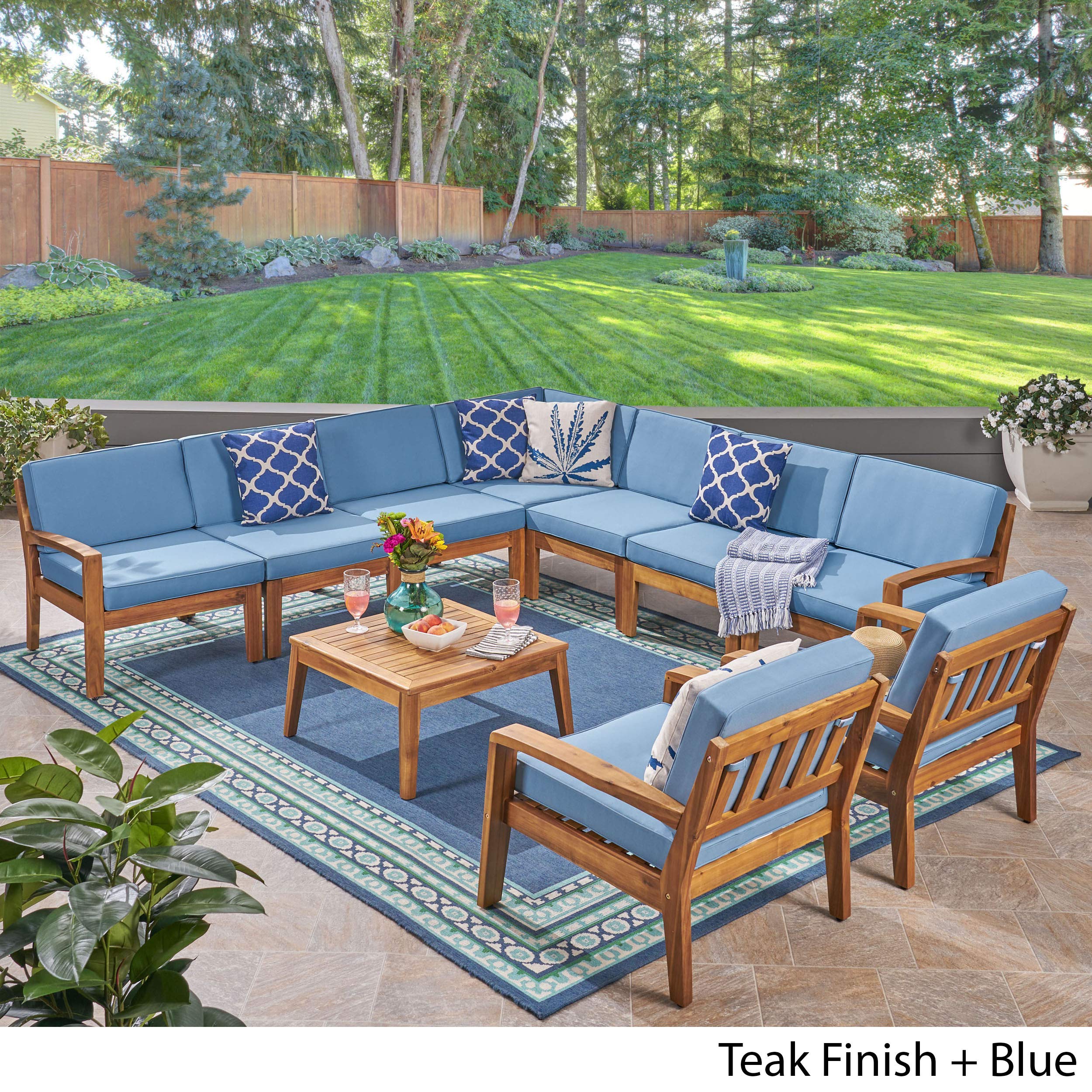 Premium 7-Piece Acacia Wood Patio Sectional Sofa Set with Cushions - Includes Coffee Table & Club Chairs - Weather-Resistant Teak Finish & Blue Fabric - Perfect for Outdoor Lounging, Backyard Gatherings & Poolside Relaxation