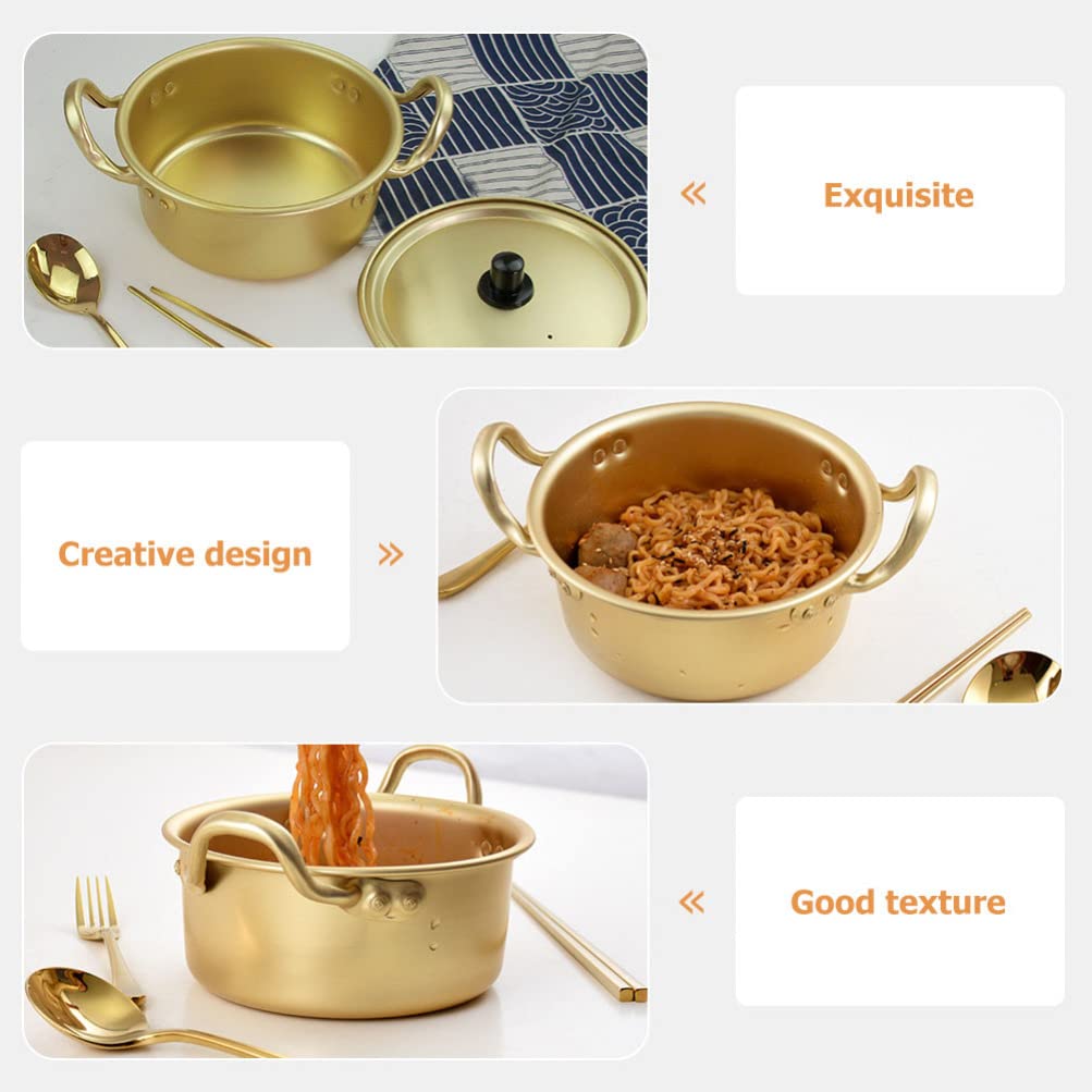 Korean Instant Noodle Pot Set - Golden Aluminum Cookware with Spoon | Hemoton Multifunctional Kitchen Accessories for Home, Picnic & Camping | Durable Korean-Style Cookware for Ramen, Soup & Hot Pot