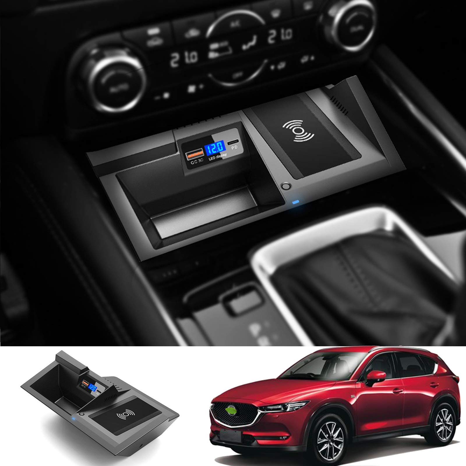 15W Qi Wireless Phone Charger for Mazda CX5 2017-2021 - Fast Charging Auto Phone Holder Compatible with iPhone 12/11/XS/XR/X - Perfect for Commuting & Road Trips