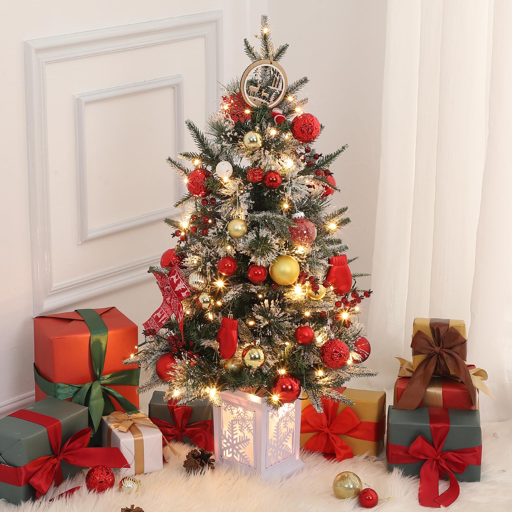 GARVEE 3ft Pre-Lit Snow Flocked Artificial Christmas Tree with White Base - Mini Pine Xmas Tree for Home, Office, Party & Holiday Decorations - Perfect for Living Room, Bedroom, Mantel & Small Spaces