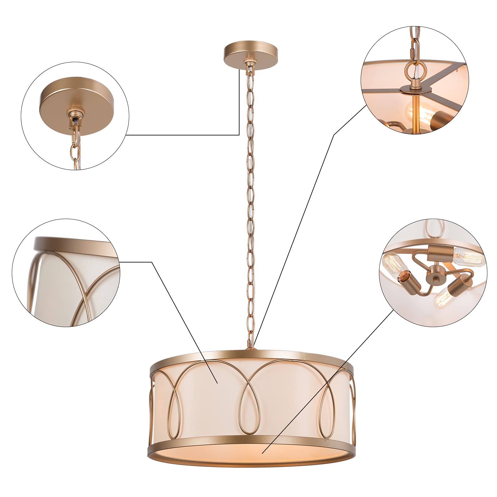 Classy Gold Drum Chandelier - 3-Light Modern Pendant Light with White Fabric Shade for Kitchen Island, Dining Room & Foyer - 16