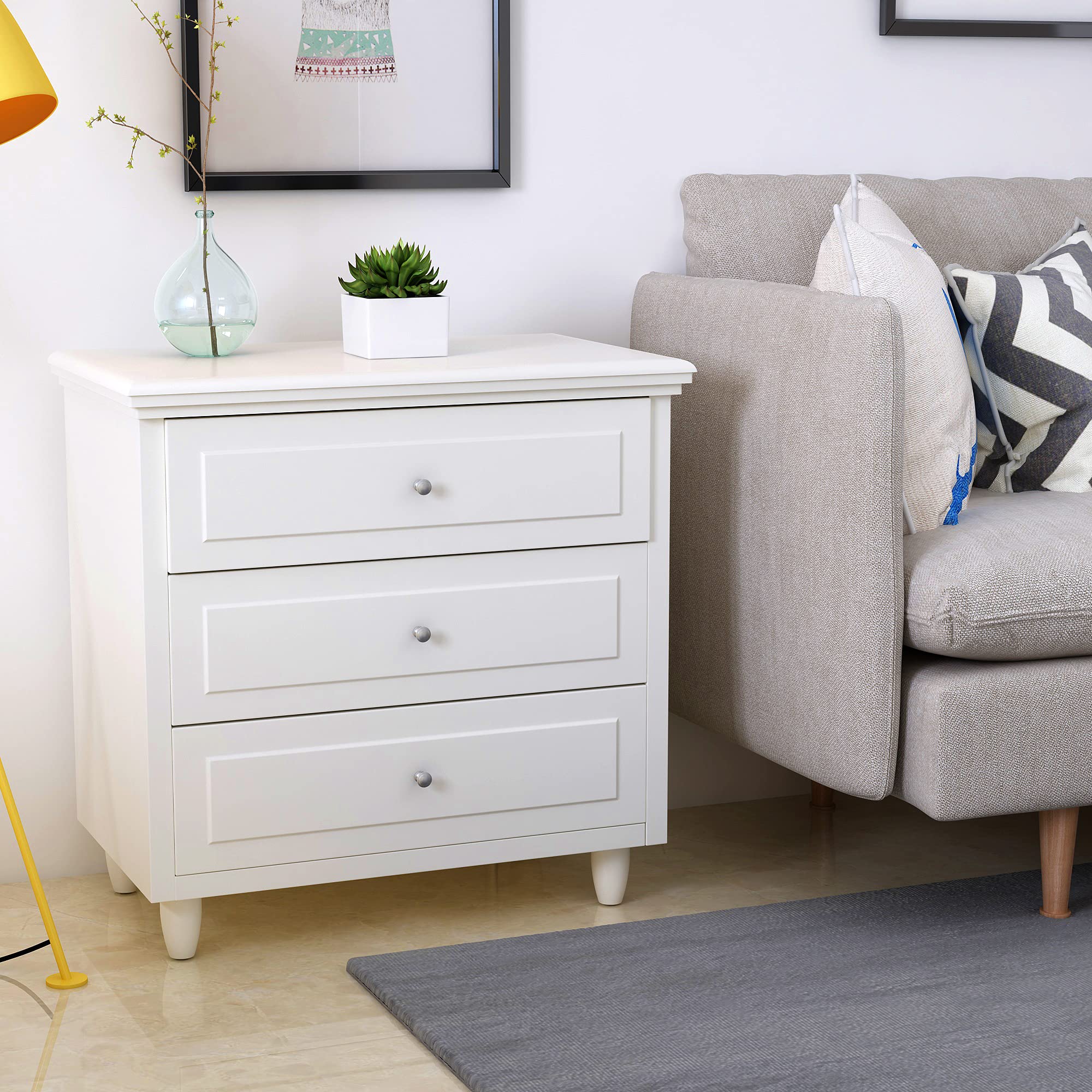 Modern White 3-Drawer Nightstand with Wood Legs - 15.75