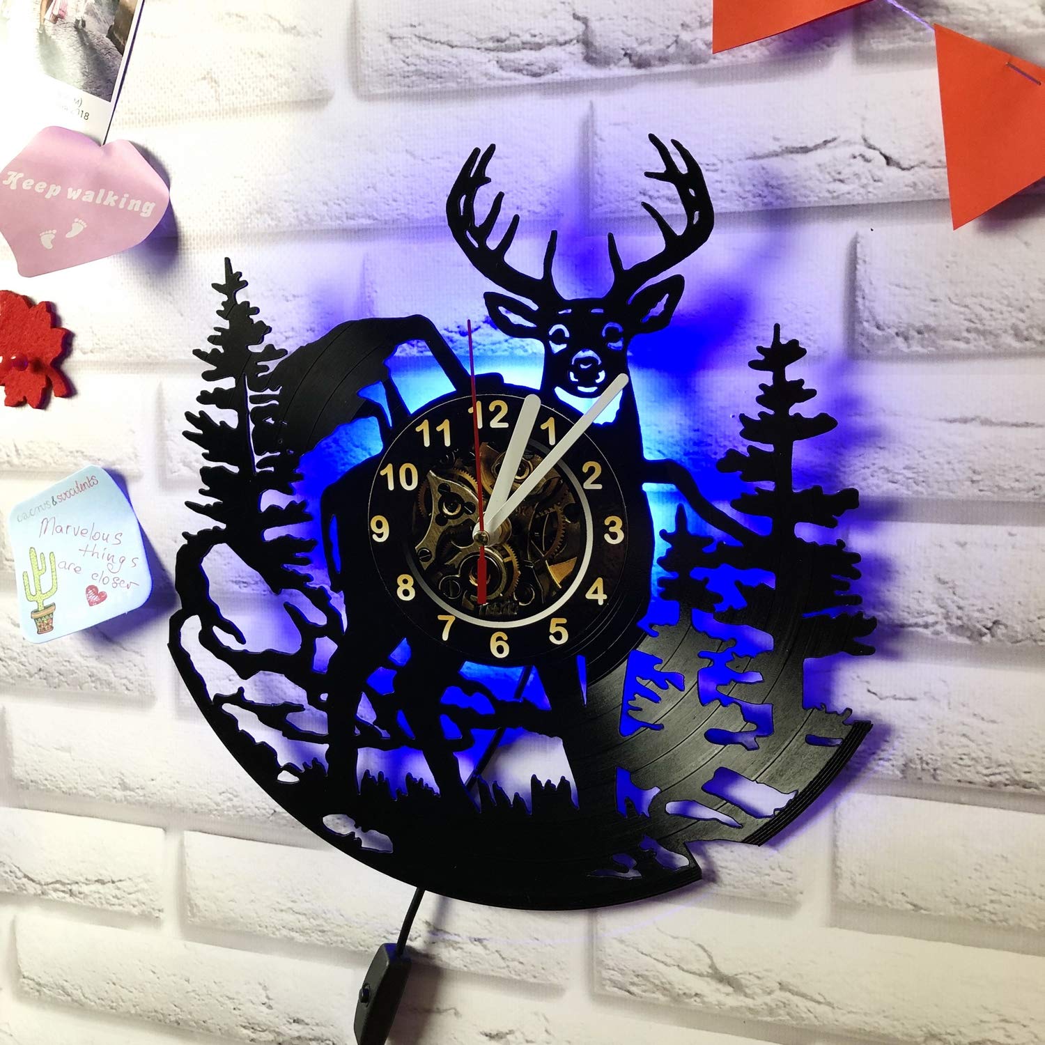 Deer Wood Wall Clock with LED Backlight - Vintage Vinyl Night Light for Living Room Decor | Silent Non-Ticking, Battery Operated, Perfect for Bedroom, Office & Home Interior Design
