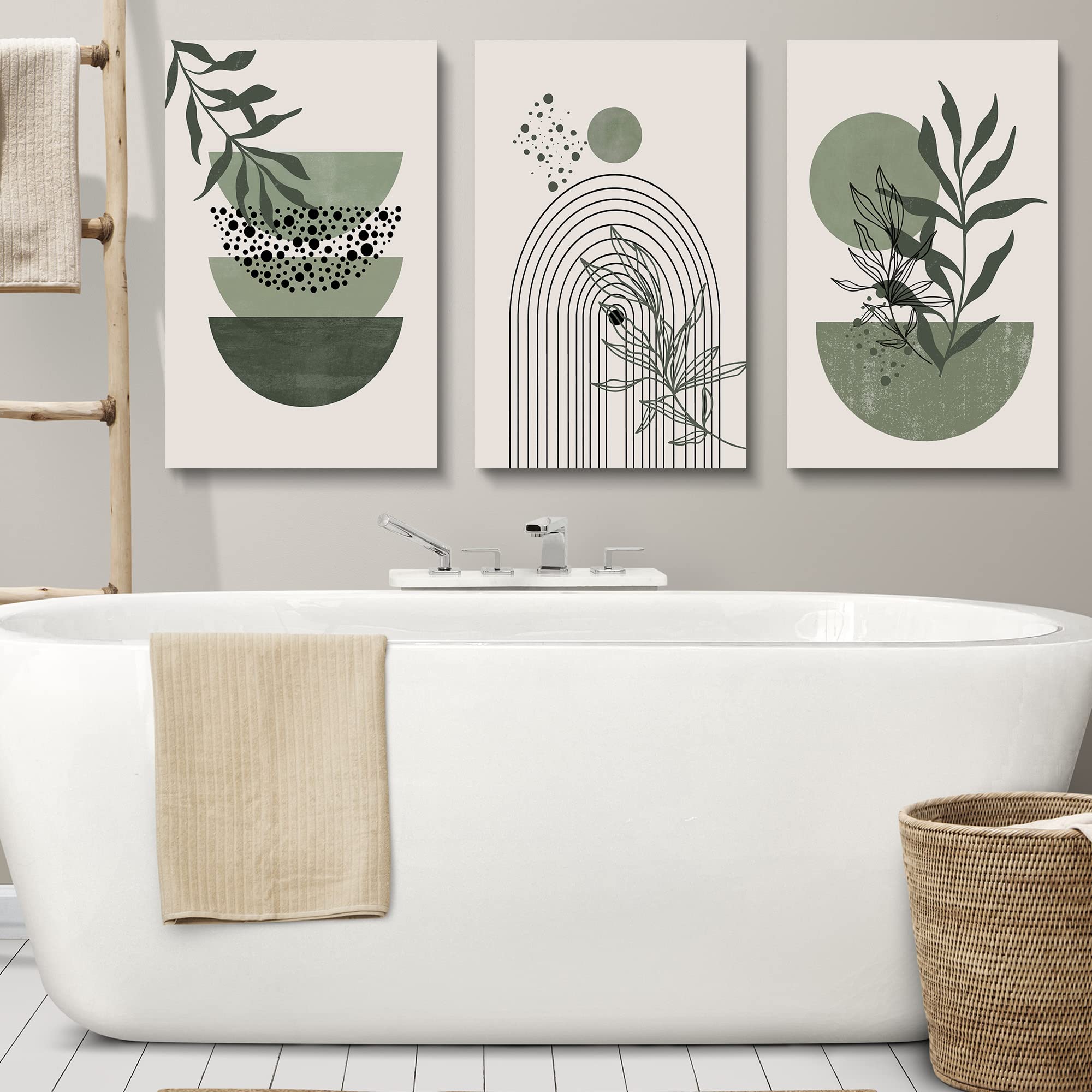 Sage Green Wall Posters & Prints - Set of 3 Boho Minimalist Framed Wall Art with Geometric Line, Leaf, Sun & Moon Designs on Beige Green Canvas Paintings | Perfect for Living Room, Bedroom & Office Decor