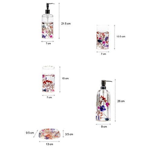 Premium European-Style Bathroom Accessories Set - Natural Purple Dried Flowers Decor with Soap Dispenser, Lotion Bottle, Toothbrush Holder, Tumbler & Soap Dish - Elegant Home & Hotel Bathroom Decor for Spa-Like Relaxation
