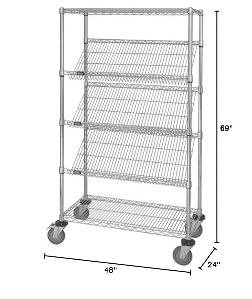 Quantum Storage Systems M2448SL6C 5-Tier Heavy Duty Wire Shelving Unit with Slanted Shelves - Mobile, Chrome Finish, 400 lb Load Capacity (69