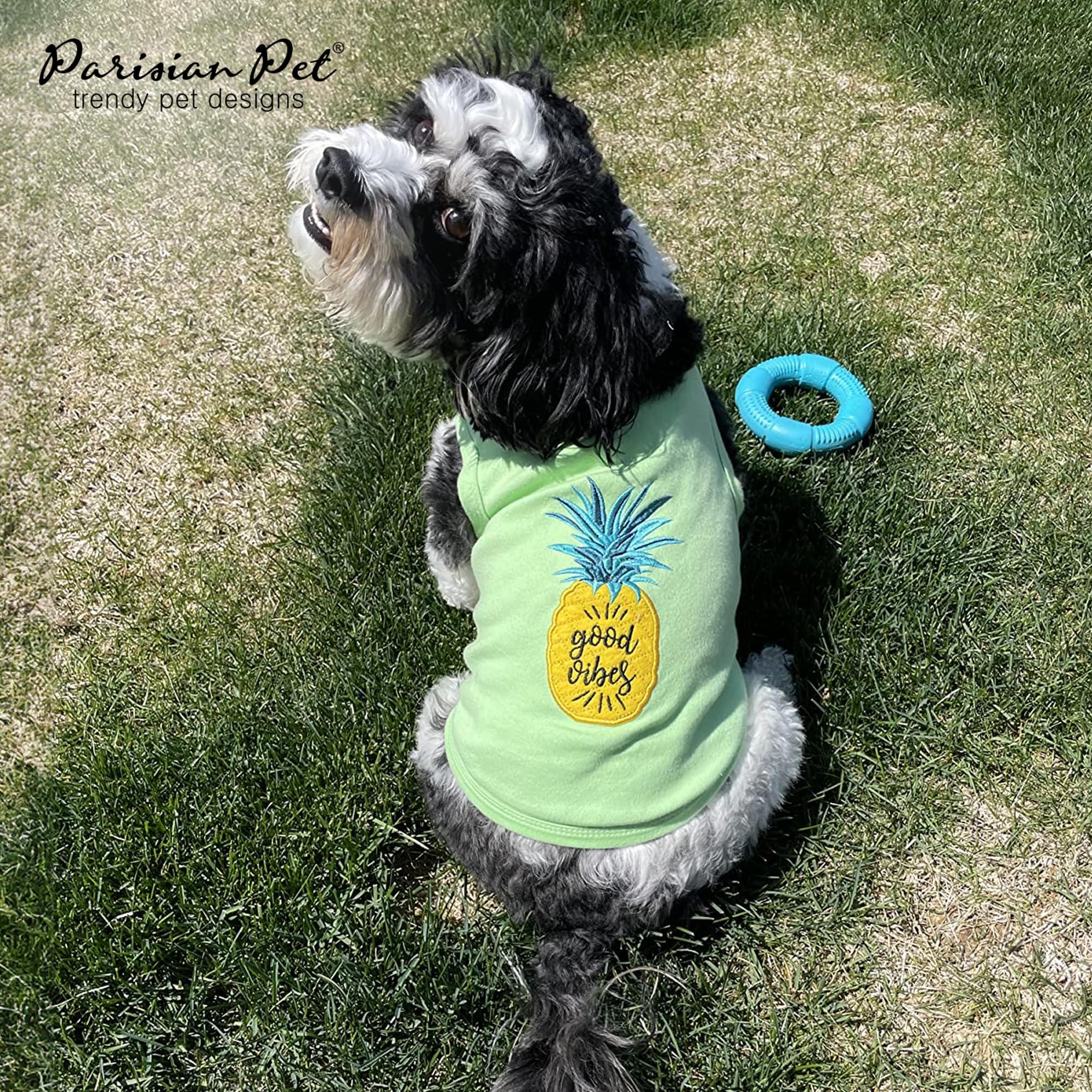 Parisian Pet Dog T-Shirt - Embroidered 'Good Vibes' Sleeveless Dog Tee - 100% Cotton Lightweight Pet Shirt for Small Dogs - Machine Washable Pet Vest (XS) - Perfect for Summer Walks & Photo Shoots