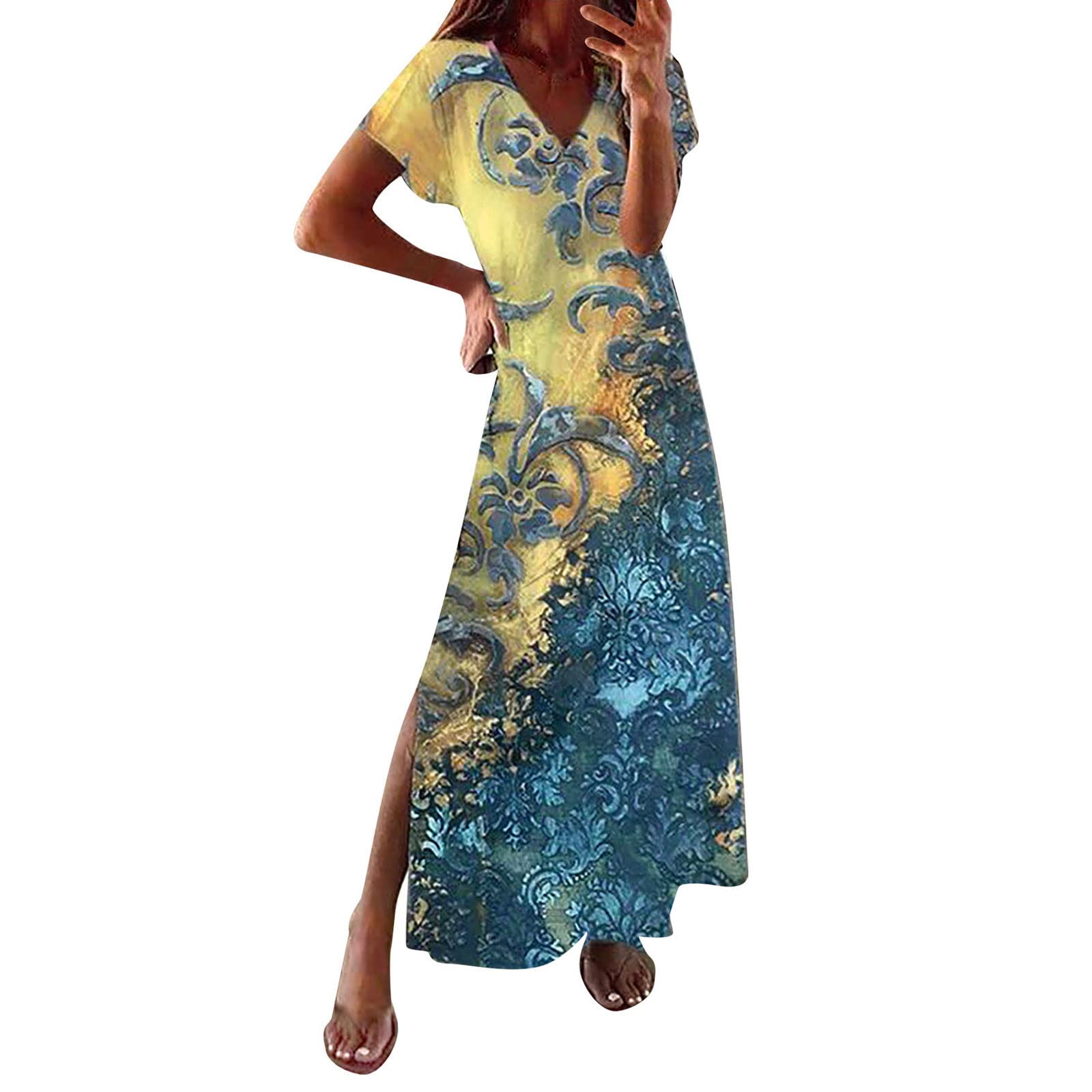 Women's Summer Maxi Dress - V Neck Short Sleeve Boho Long Dress with Side Slit | Casual Flowy Tank Dress for Beach, Vacation & Outdoor Activities