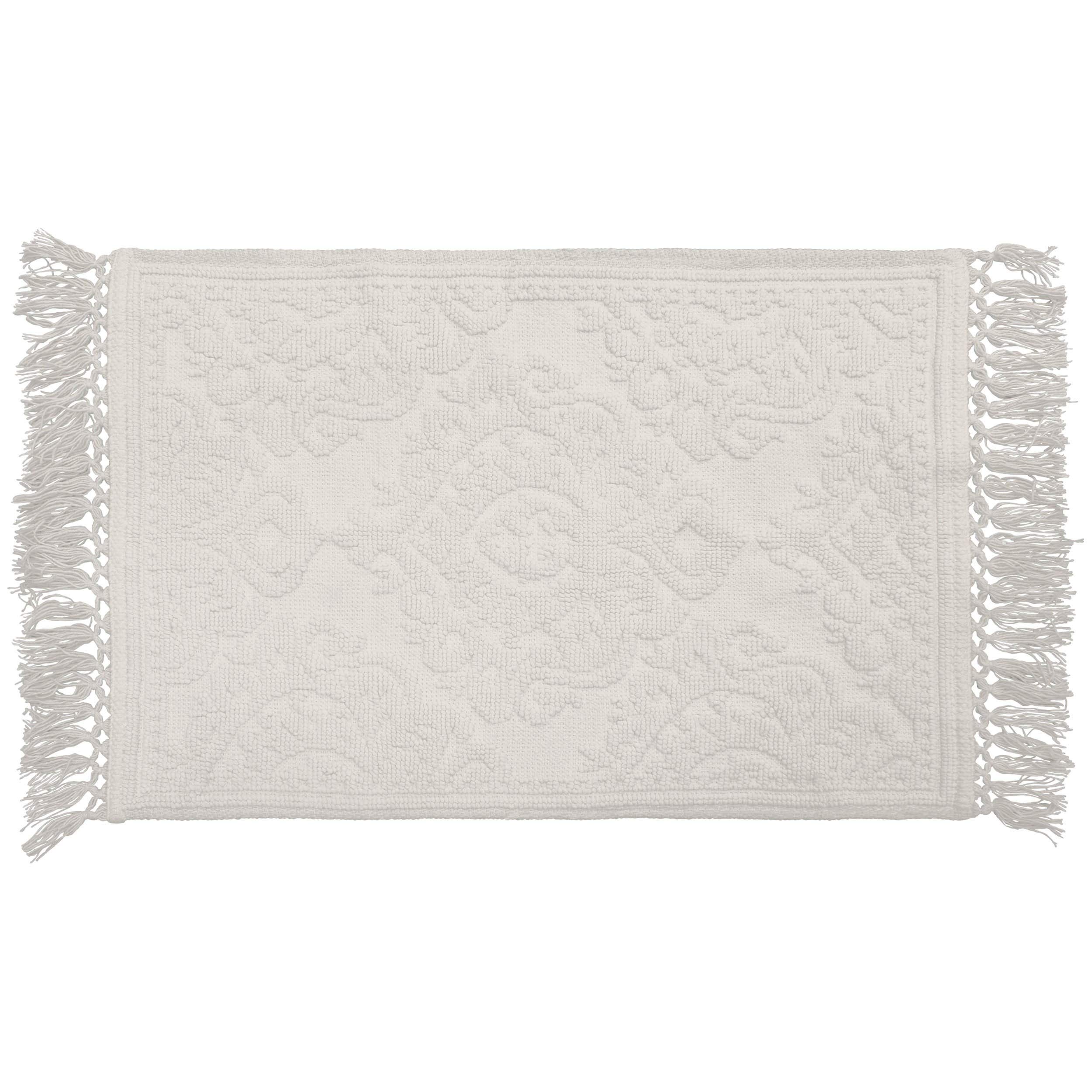 Luxury White Damask Floral Bath Rug with Fringe Borders - Soft Cotton Shaggy Bath Mat, 27