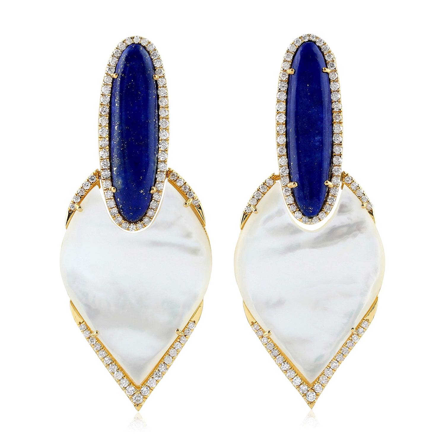 Exquisite Oval Lapis Lazuli Dangle Earrings with Fancy Cut Mother of Pearl and Prong-Set Diamonds in Gold for Women | Perfect for Parties, Weddings, and Special Occasions