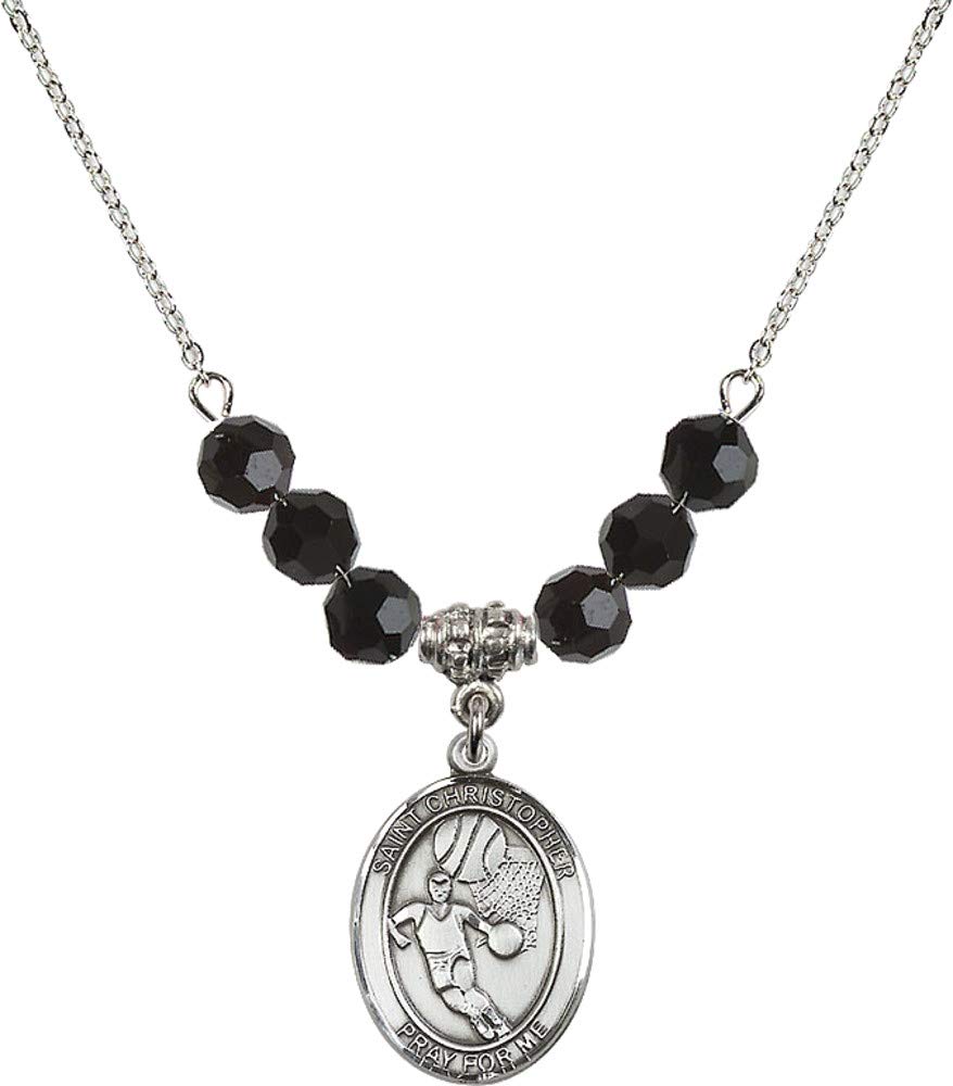 Bonyak 18 Inch Rhodium Plated Necklace with 6mm Jet Birthstone Beads - Saint Christopher & Basketball Charm Jewelry for Women | Perfect Gift for Birthday, Graduation & Sports Lovers