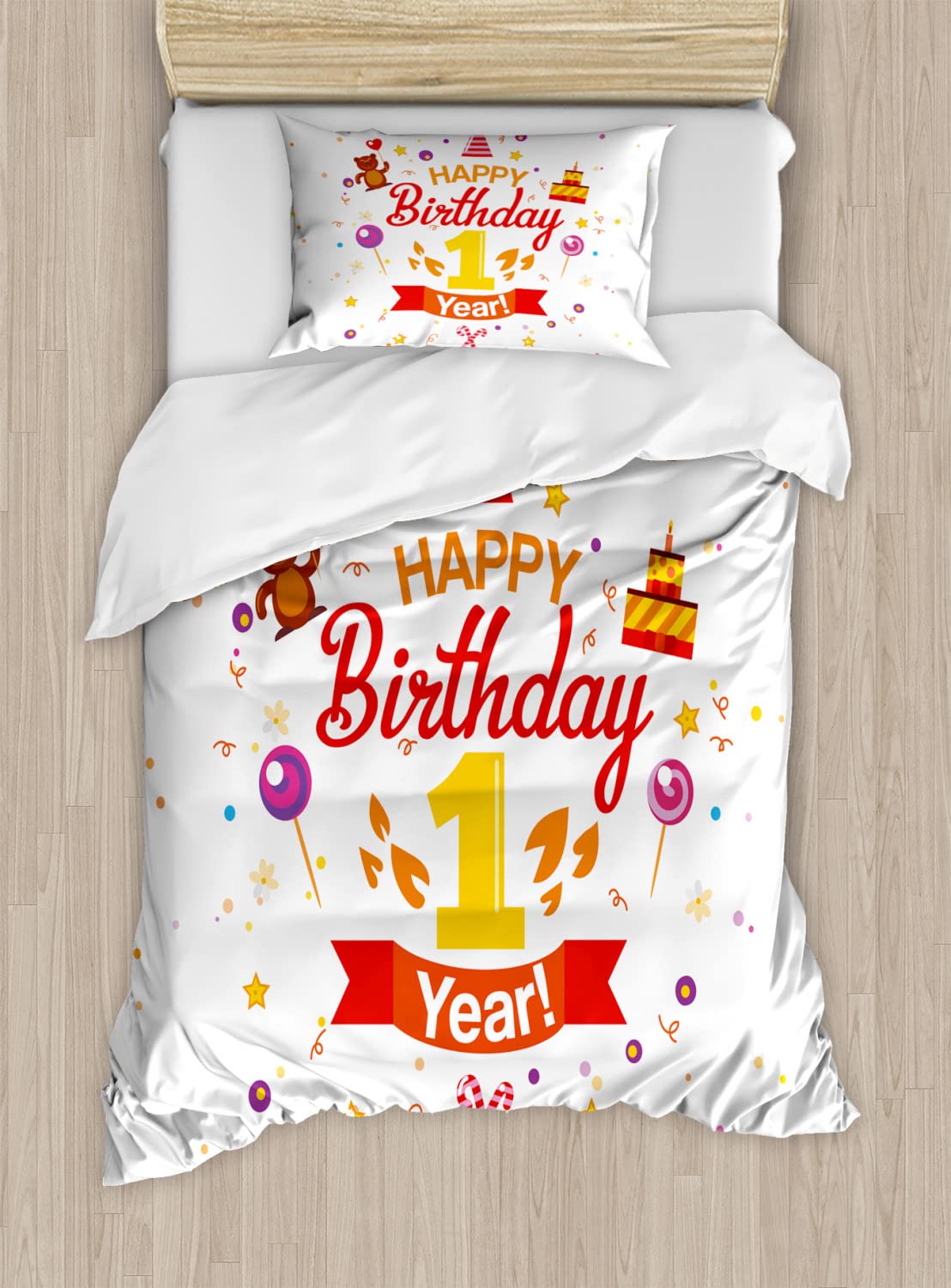 Ambesonne 1st Birthday Duvet Cover Set - Twin Size 2-Pack with Teddy Bear, Candies & Cake Print - Red Marigold & Purple Bedding Set for Kids Room Decor, Birthday Party Theme, Nursery or Guest Room