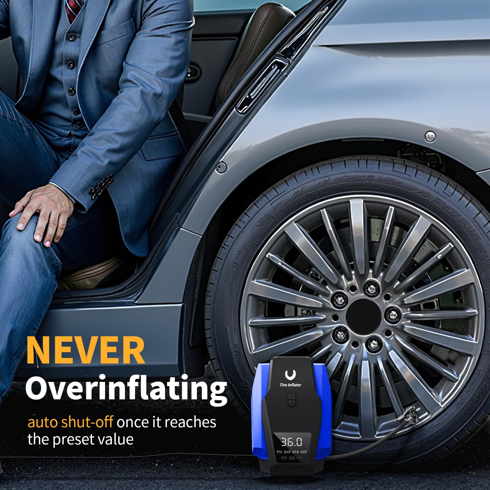Portable Tire Inflator Air Compressor - 12V DC Car Air Pump with Auto Shutoff & LED Light for Cars, Bikes, Motorcycles - Emergency Roadside Assistance & Home Garage Use (Blue, Large)