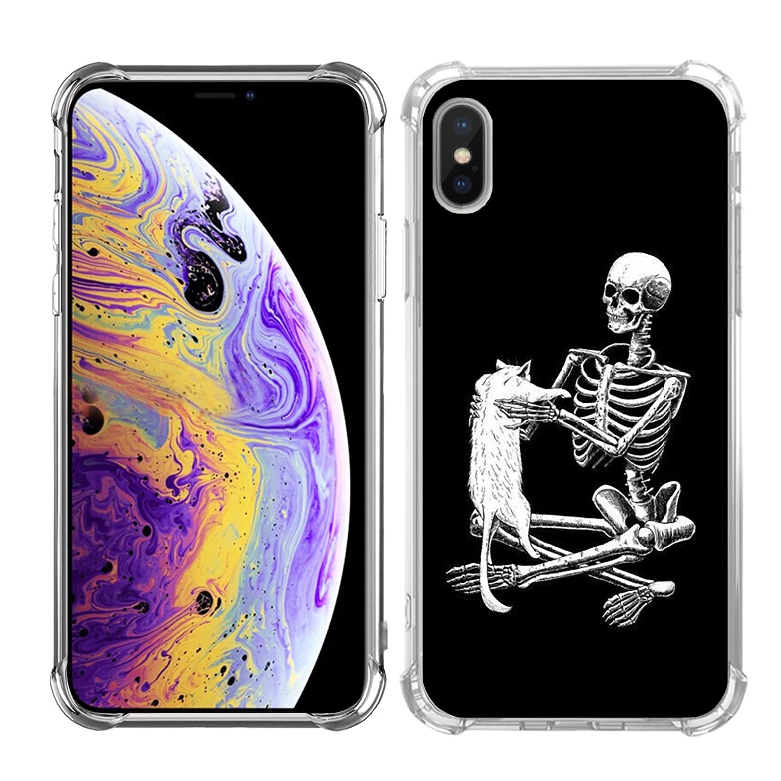 Black Skull White Cat iPhone Xs/X Case - Trendy Skeleton & Cat Design TPU Bumper Cover for Women Men Girls Boys | Perfect for Daily Use, Parties & Gifts