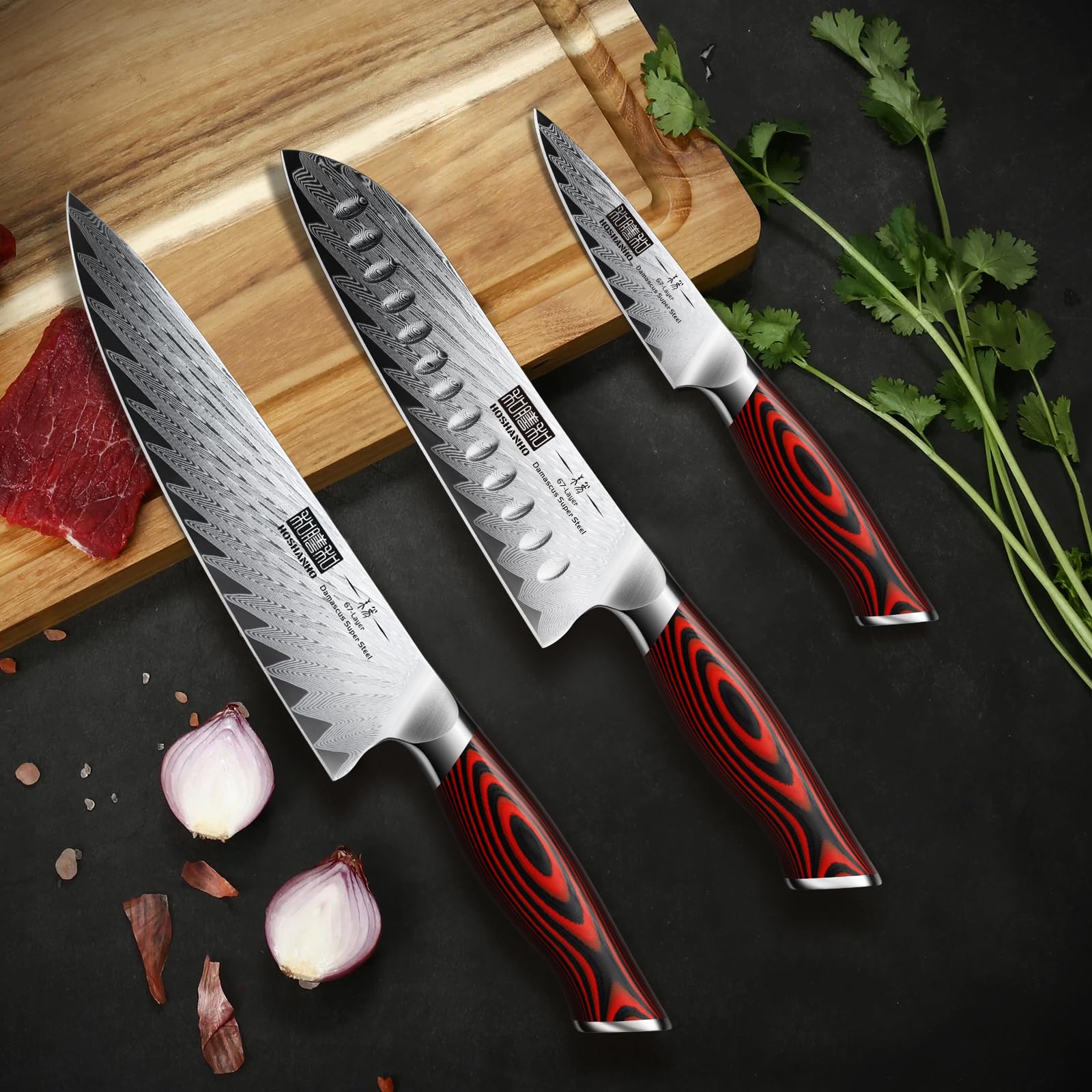 Premium 3-Piece Damascus Steel Kitchen Knife Set - Ultra Sharp Professional Chef Knives with Ergonomic G10 Handle (Chef Knife, Utility Knife, Paring Knife) - Perfect for Cooking, Slicing, Dicing & Food Prep - Great Gift Box for Chefs & Home Cooks