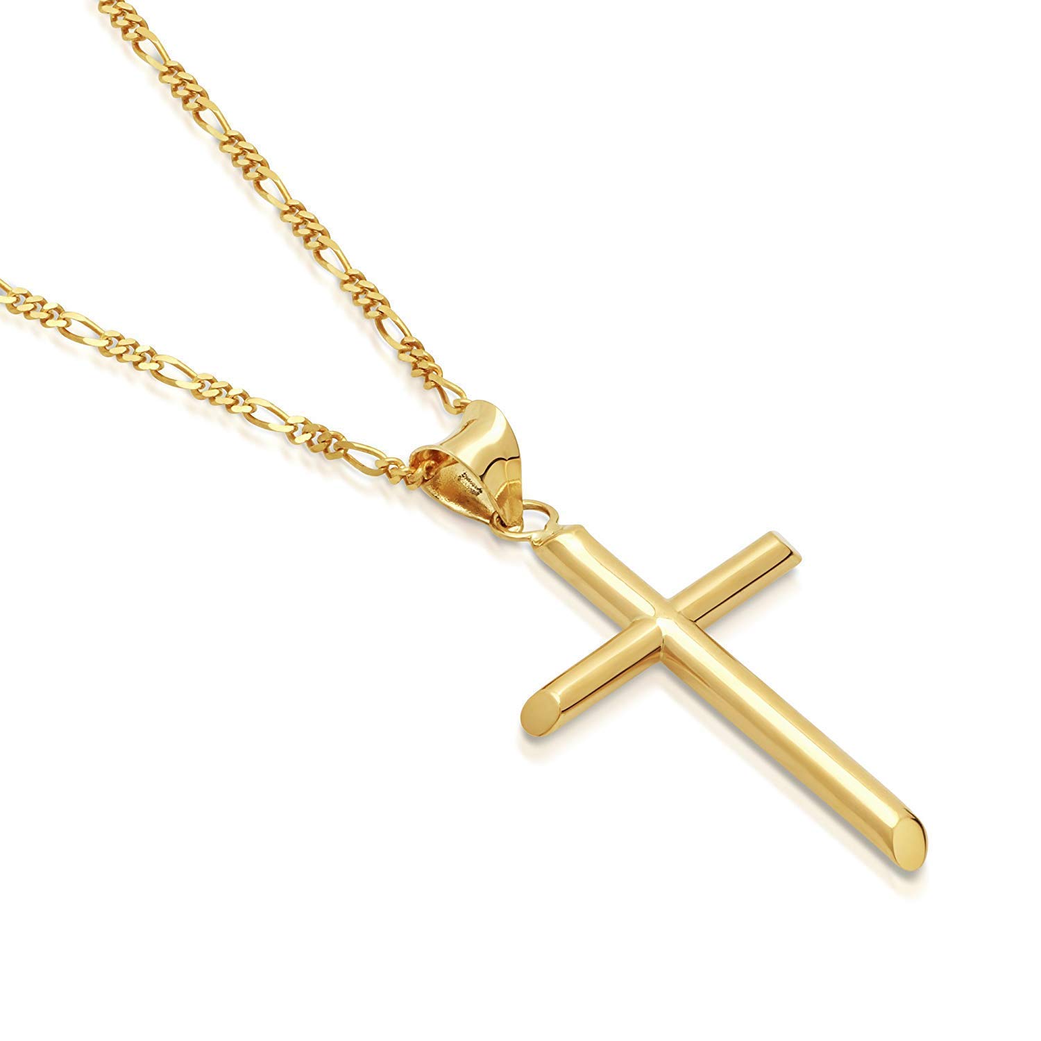 14K Gold Figaro Chain Cross Pendant Necklace for Men - Diamond Cut Cuban Link Box Clasp, Solid Gold Plated, Easter Gift for Him - Perfect for Daily Wear, Gifting & Special Occasions