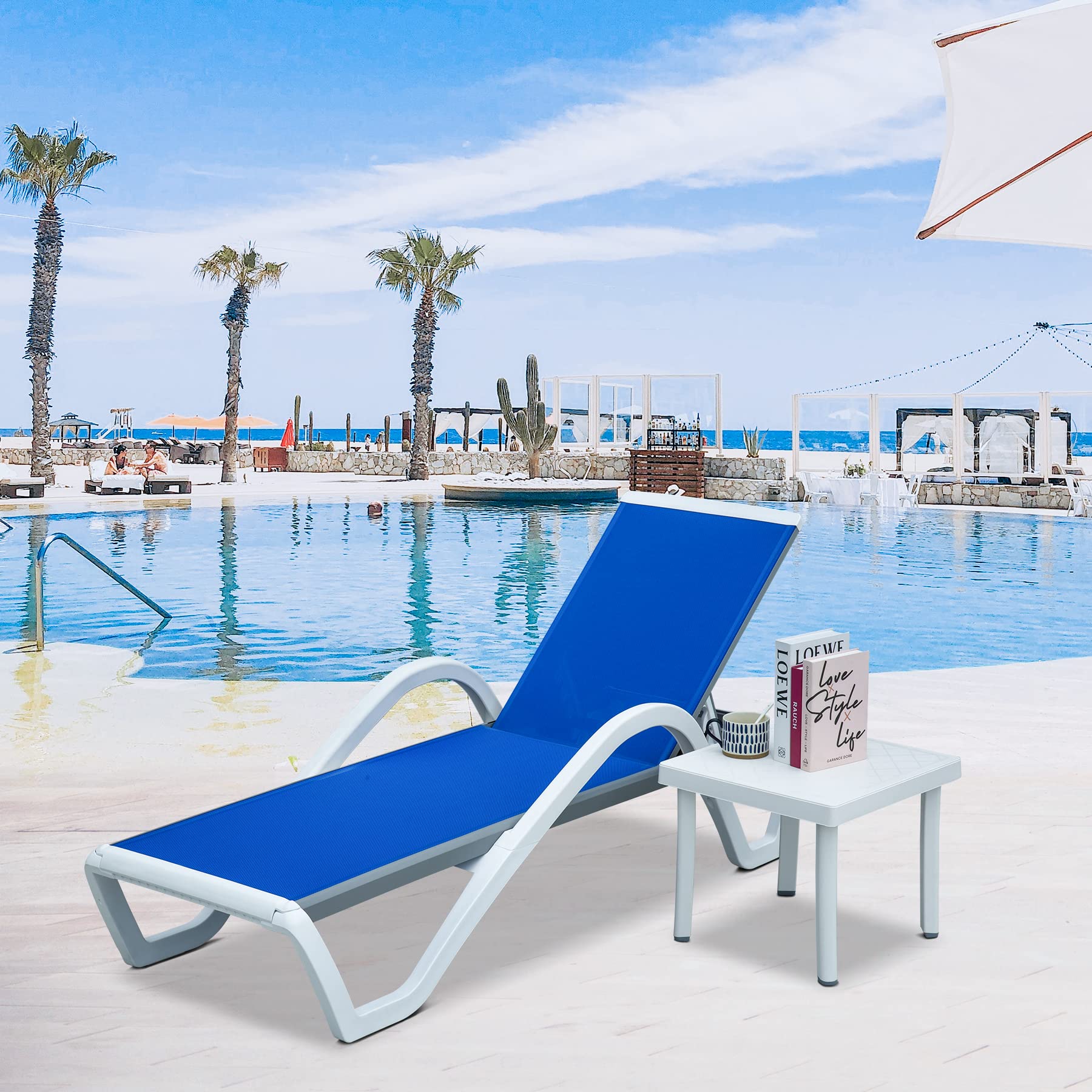 Domi Adjustable Aluminum Pool Lounge Chair - All-Weather Outdoor Chaise Lounge with Armrest for Patio, Poolside, Lawn & In-Pool Use - Includes Side Table (Blue) - Perfect for Sunbathing, Relaxing & Backyard Lounging