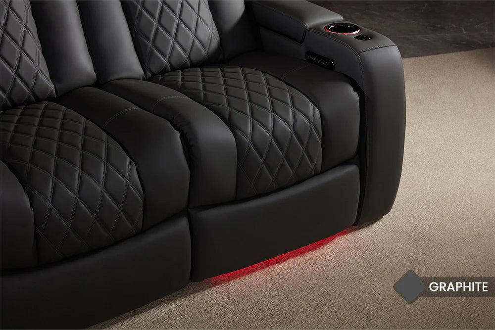 Valencia Tuscany Luxury 3-Seater Console Leather Home Theater Seating with Drop-Down Center Table - Graphite | Perfect for Movie Nights & Entertainment Rooms