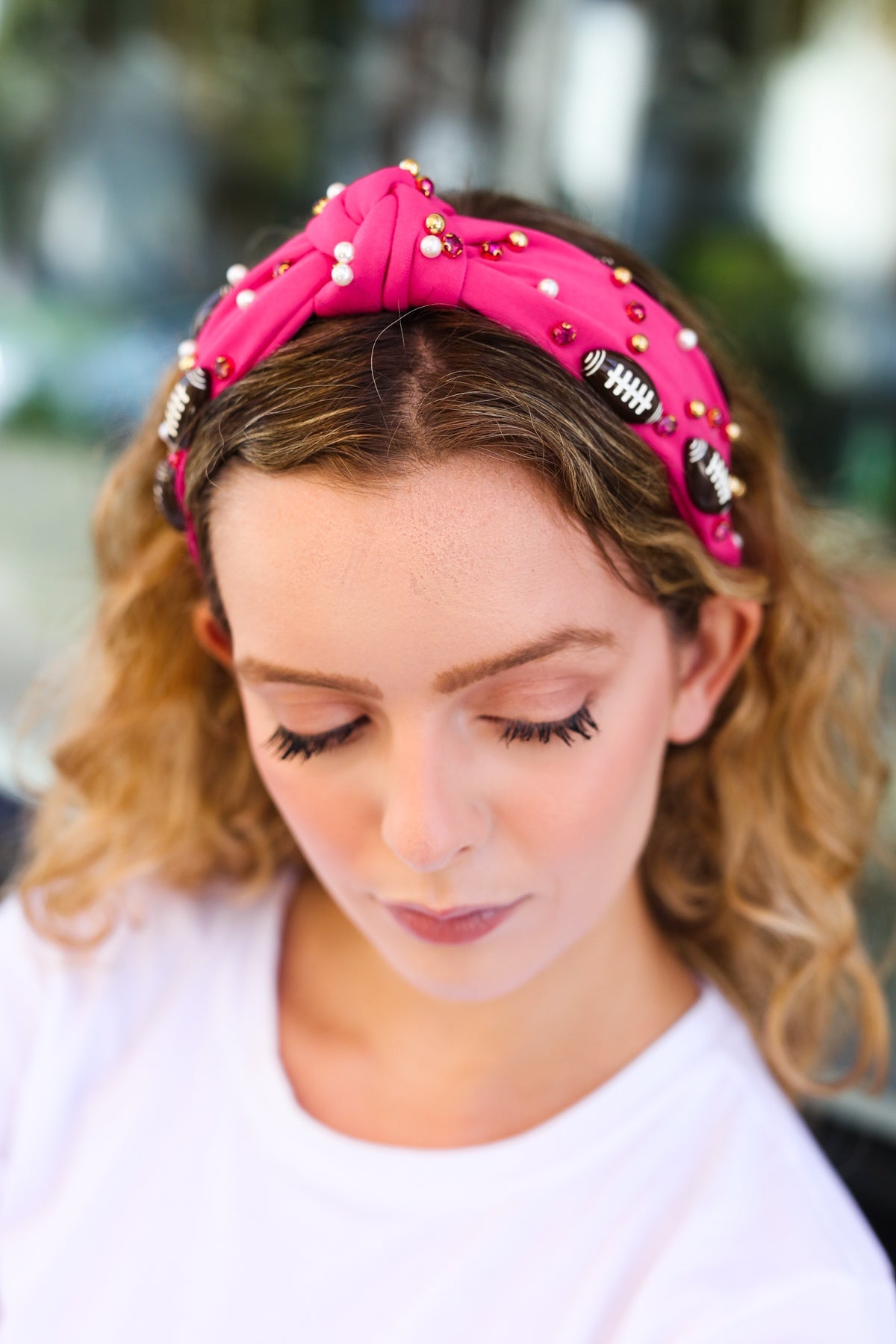 Fuchsia Stone & Gem Embellished Football Top Knot Headband for Women - Stylish Hair Accessory for Sports, Games, and Casual Wear