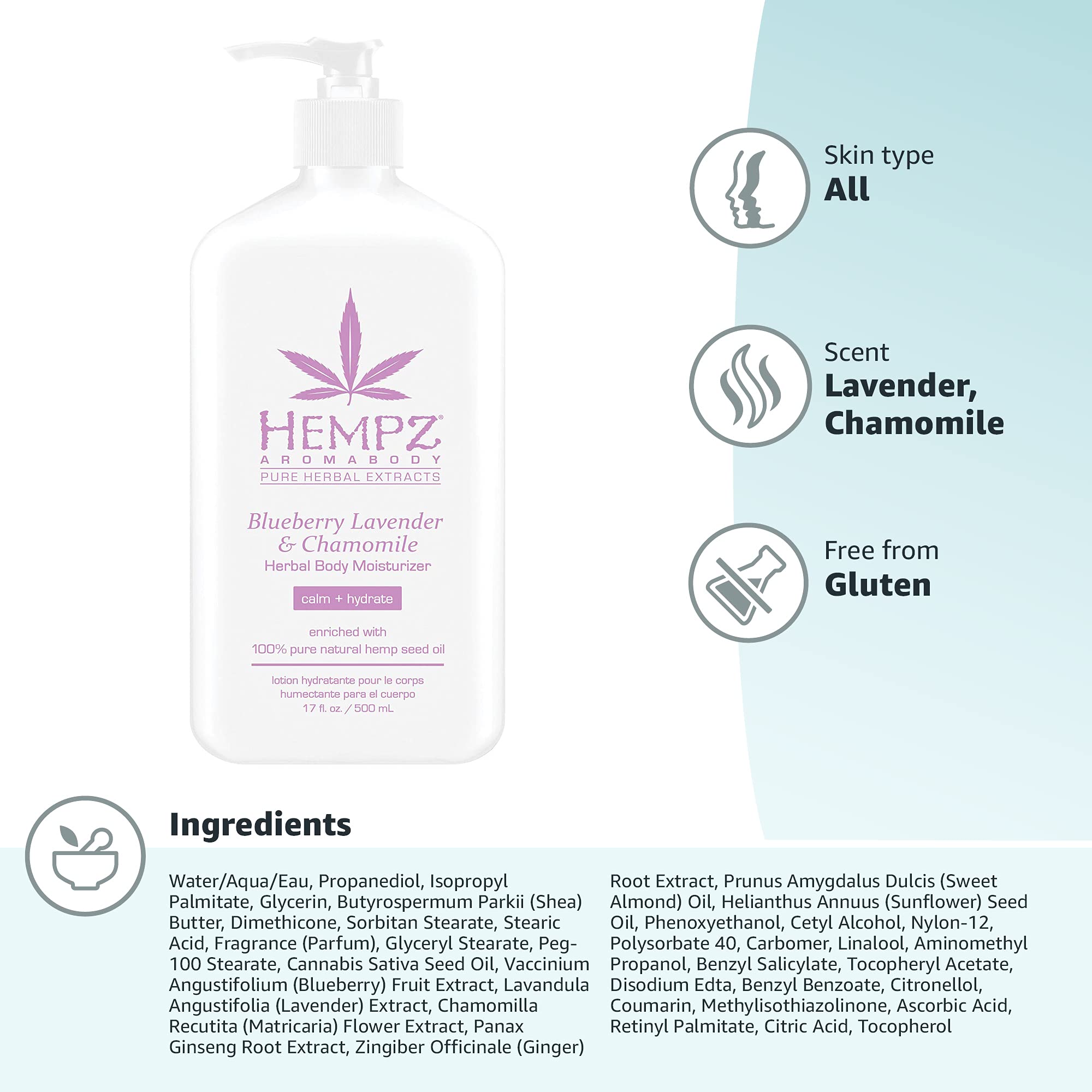 Blueberry Lavender Chamomile Herbal Body Lotion - 17oz Natural Moisturizer for Dry Skin - Perfect for Nighttime Relaxation & Spa Self-Care
