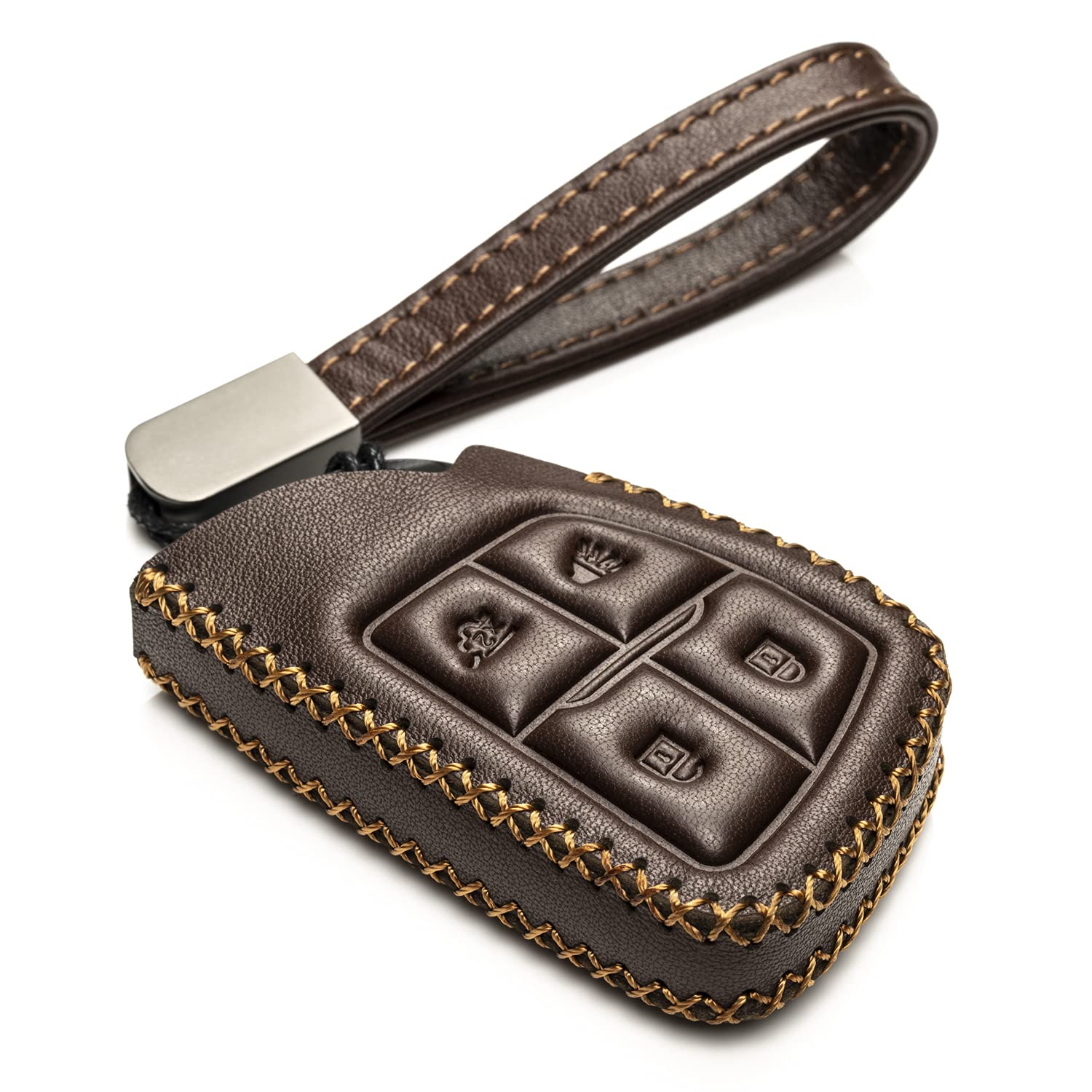 Genuine Leather Smart Key Fob Case with Leather Key Strap for Chevrolet Suburban/Tahoe/Silverado 2025 (4-Button, Brown) - Premium Protection & Style for Your Car Keys | Perfect for Daily Use, Travel & Gift Giving