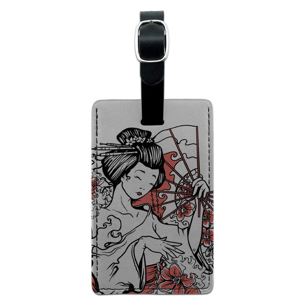 Japanese Geisha Floral Leather Luggage Tag - Elegant Asian Fan Design ID Tag for Suitcases & Carry-On Bags - Perfect for Travel Identification & Gift Giving