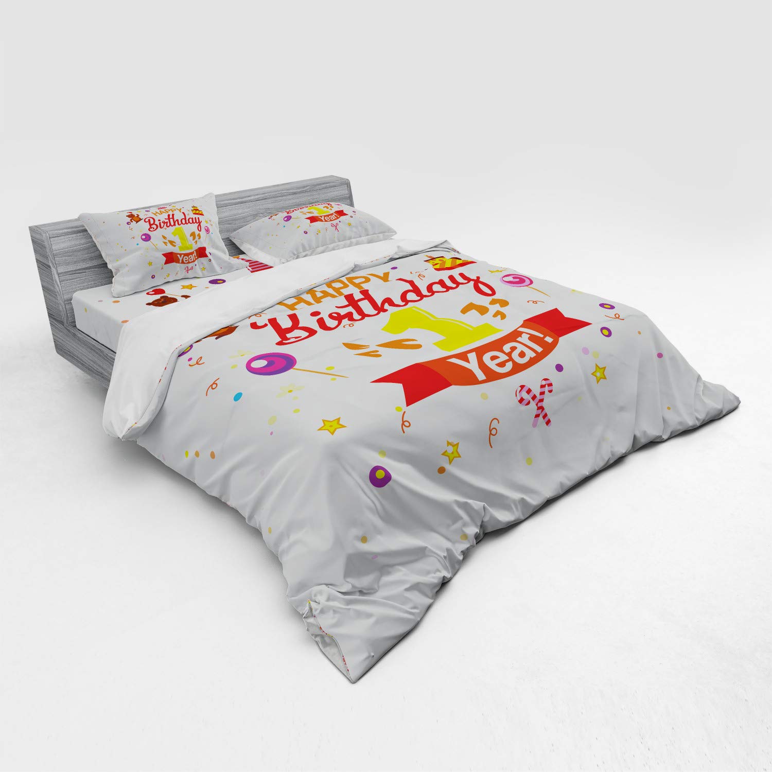 Ambesonne 1st Birthday Bedding Set - 4 Piece Duvet Cover with Shams & Fitted Sheet - King Size Teddy Bear Candies Cake Print in Red Marigold & Purple - Perfect for Birthday Party Decorations & Kids Room Decor