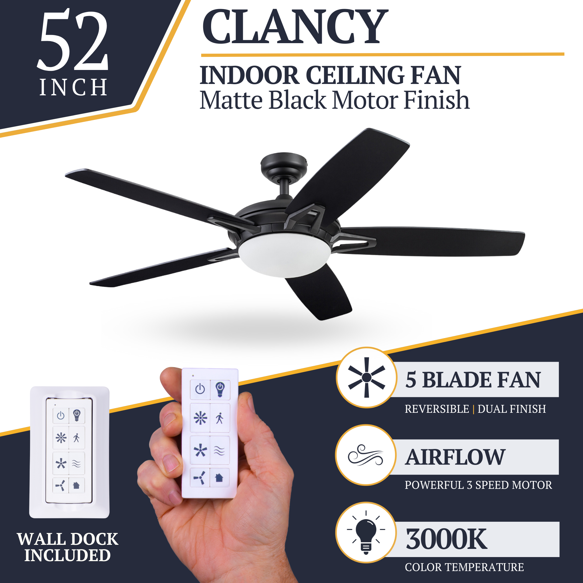 52 Inch Matte Black Ceiling Fan with Remote Control - Quiet, Energy Efficient for Bedroom, Living Room, and Office