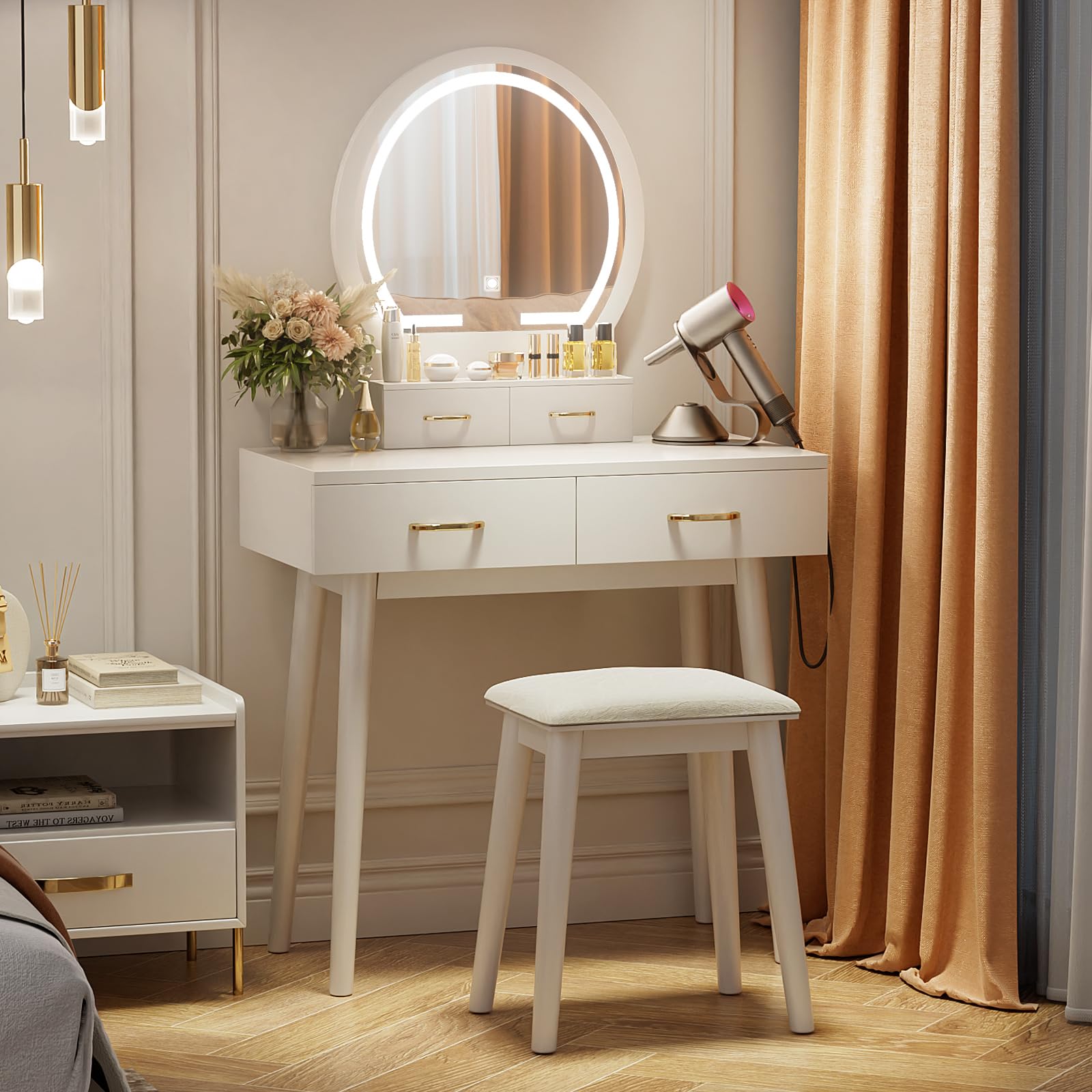 Lighted Makeup Vanity Desk with Mirror - Adjustable 3-Color Lighting & Brightness, Power Outlet, 4 Drawers & Soft Cushioned Stool - White Vanity Table for Women & Girls - Perfect for Bedroom, Dressing Room & Beauty Salon