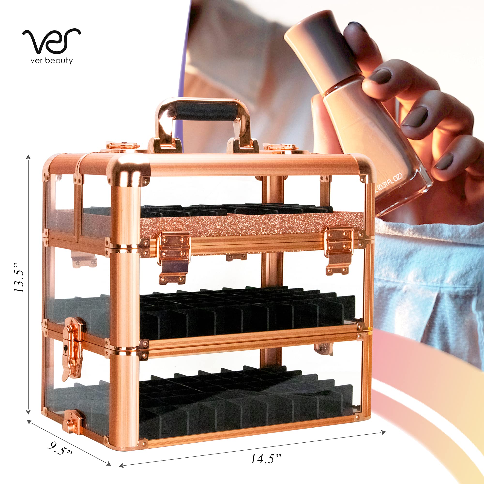 VER Beauty Acrylic Nail Polish Organizer Case (Rose Gold) - 3-Tier Makeup Organizer Trolley with Lockable Drawers & Extra Bottom Trays | Portable Nail Art Storage for Salon, Home & Travel | Professional Cosmetic Display Case for Nail Technicians