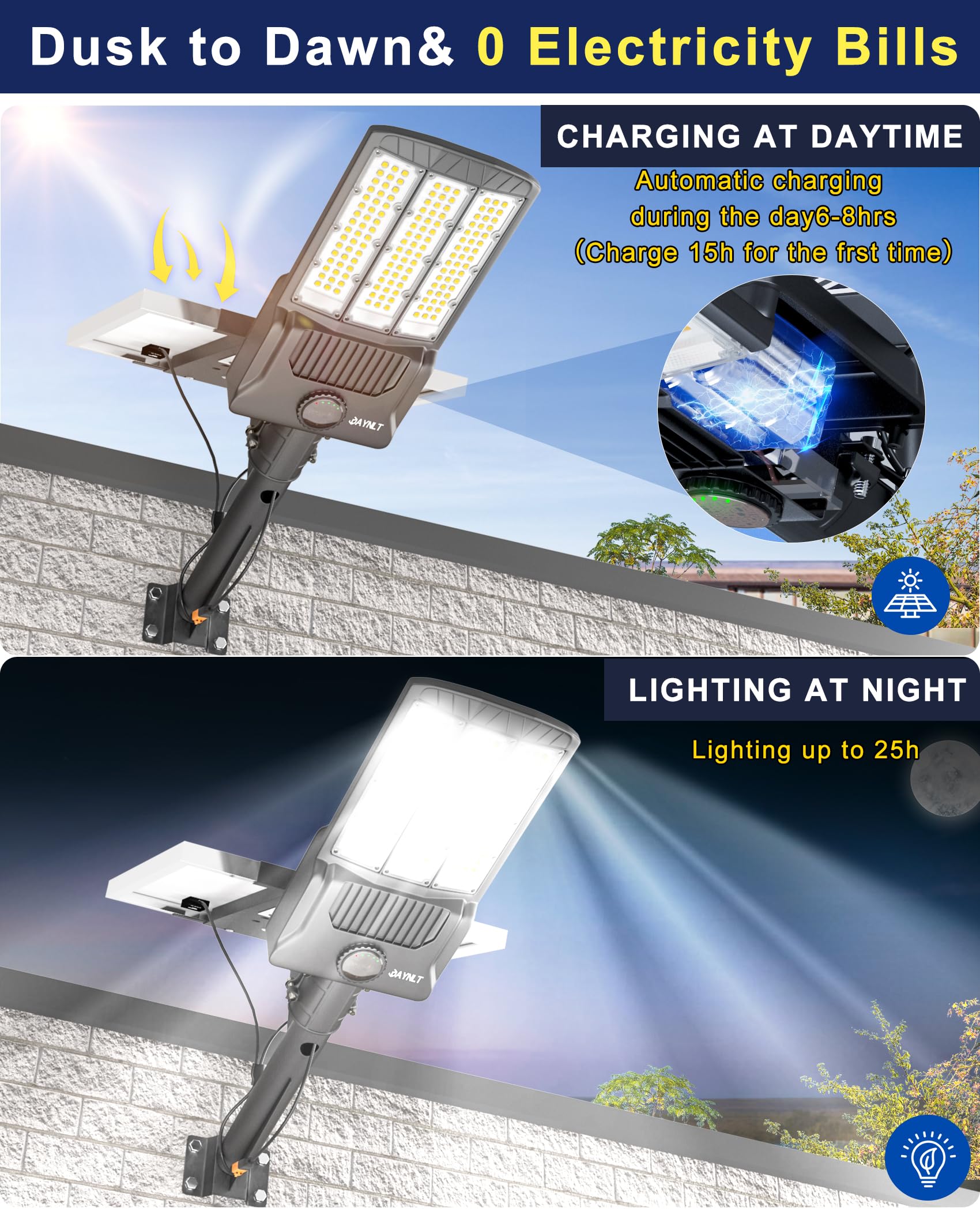 JAYNLT Y-6500W 6500K Solar Street Lights Outdoor - 650000LM High Power Commercial Solar Parking Lot Lights with Remote Control | Waterproof Dusk to Dawn Security Flood Lights for Driveways, Basketball Courts, Parking Areas, Pathways & Backyards