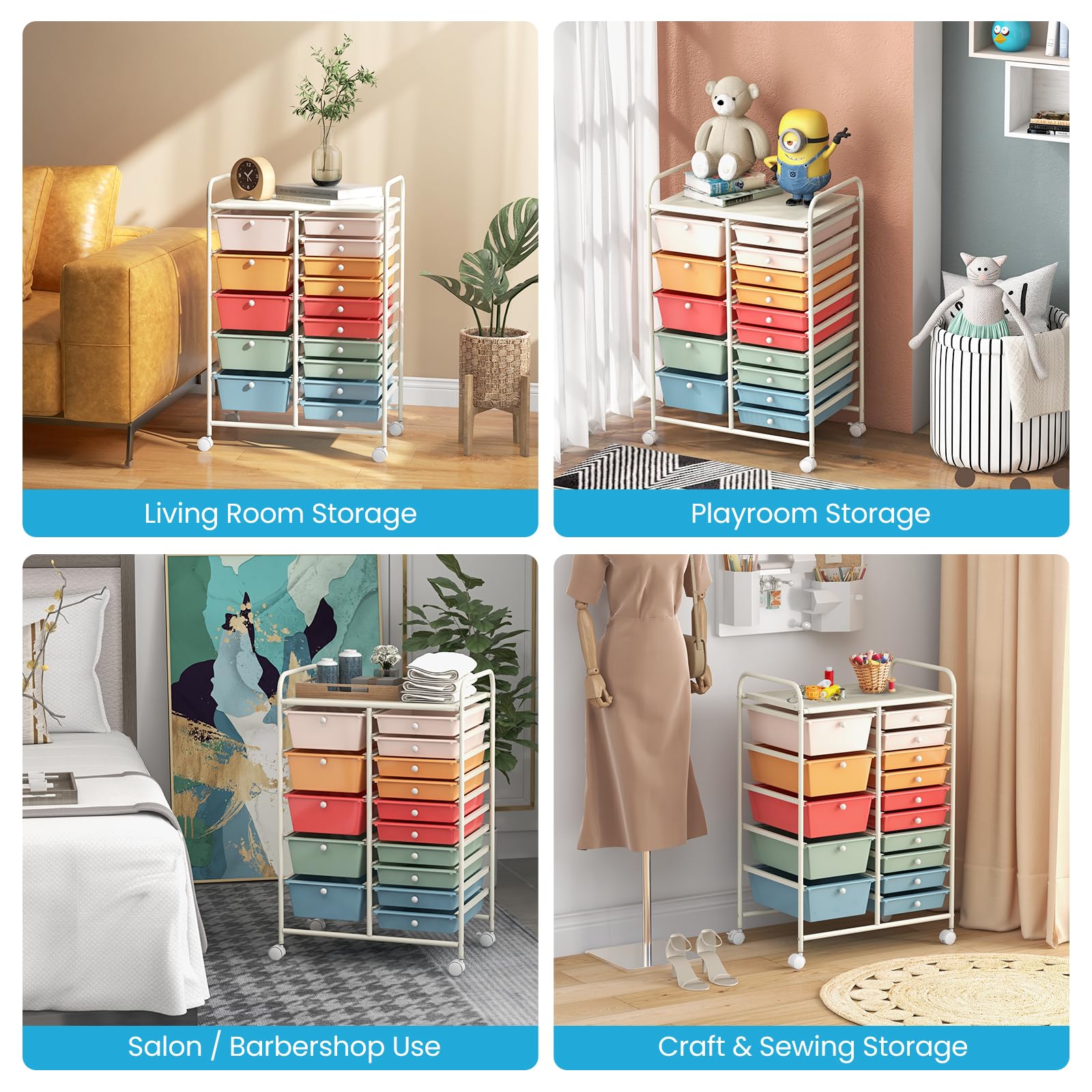 RELAX4LIFE 15-Drawer Rolling Storage Cart with Wheels - Mobile Craft Organizer for Classroom, Office, Home & School Supplies - Gradient Color Utility Cart for Art Supplies, Stationery & Home Organization